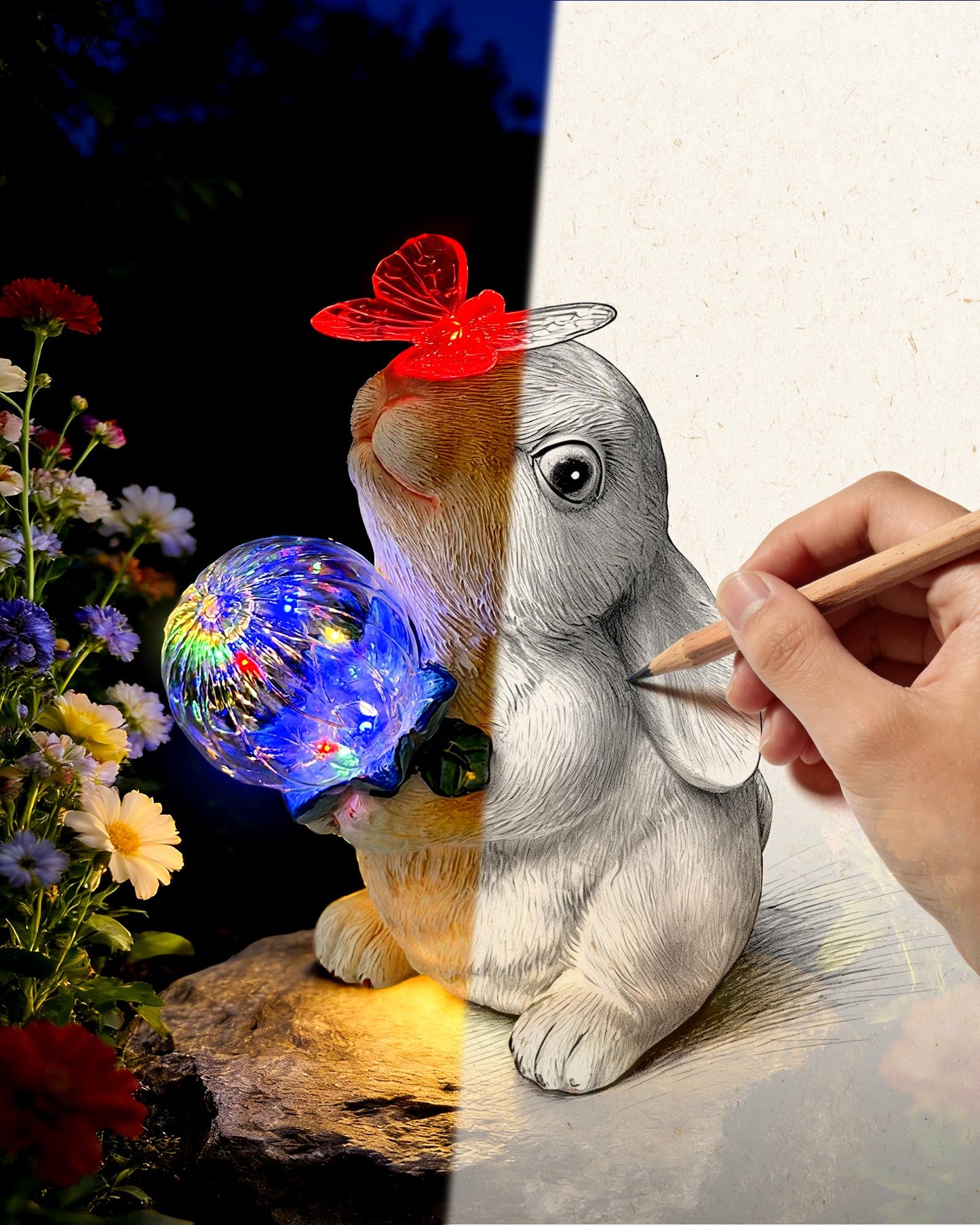 Hogni Solar Bunny Garden Statue Outdoor Decor, Rabbit Figurines with LED Light, Waterproof Solar Powered Yard Art for Patio, Balcony, Lawn, Cute House Warming & Birthday Gifts for Mom, Grandma, Women