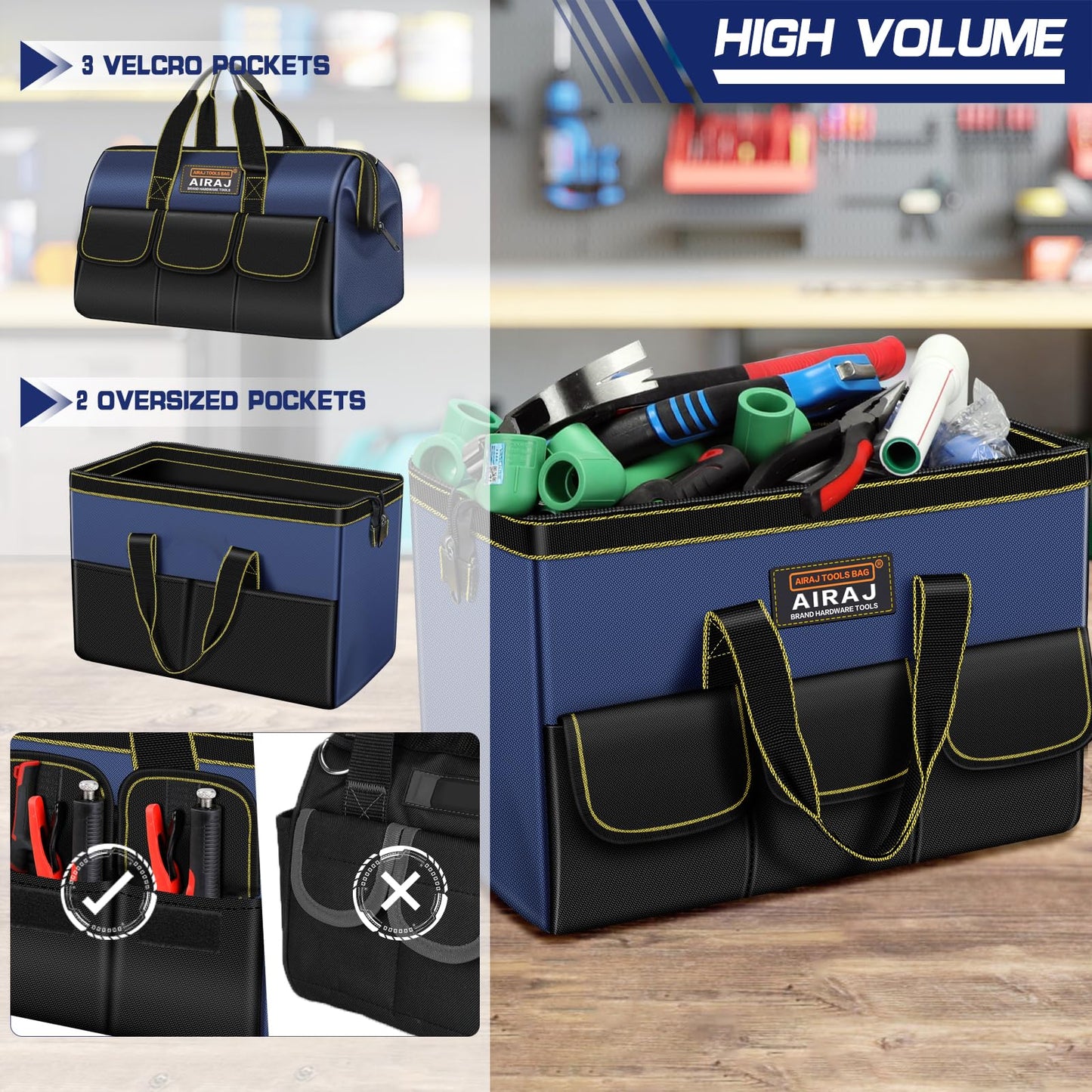 AIRAJ 14 Inch Tool Bag,Wide Mouth Tool Bags for Men,Tools Organizer for Home Repairs,Garage Storage,Professional Work,Portable Small Toolbags
