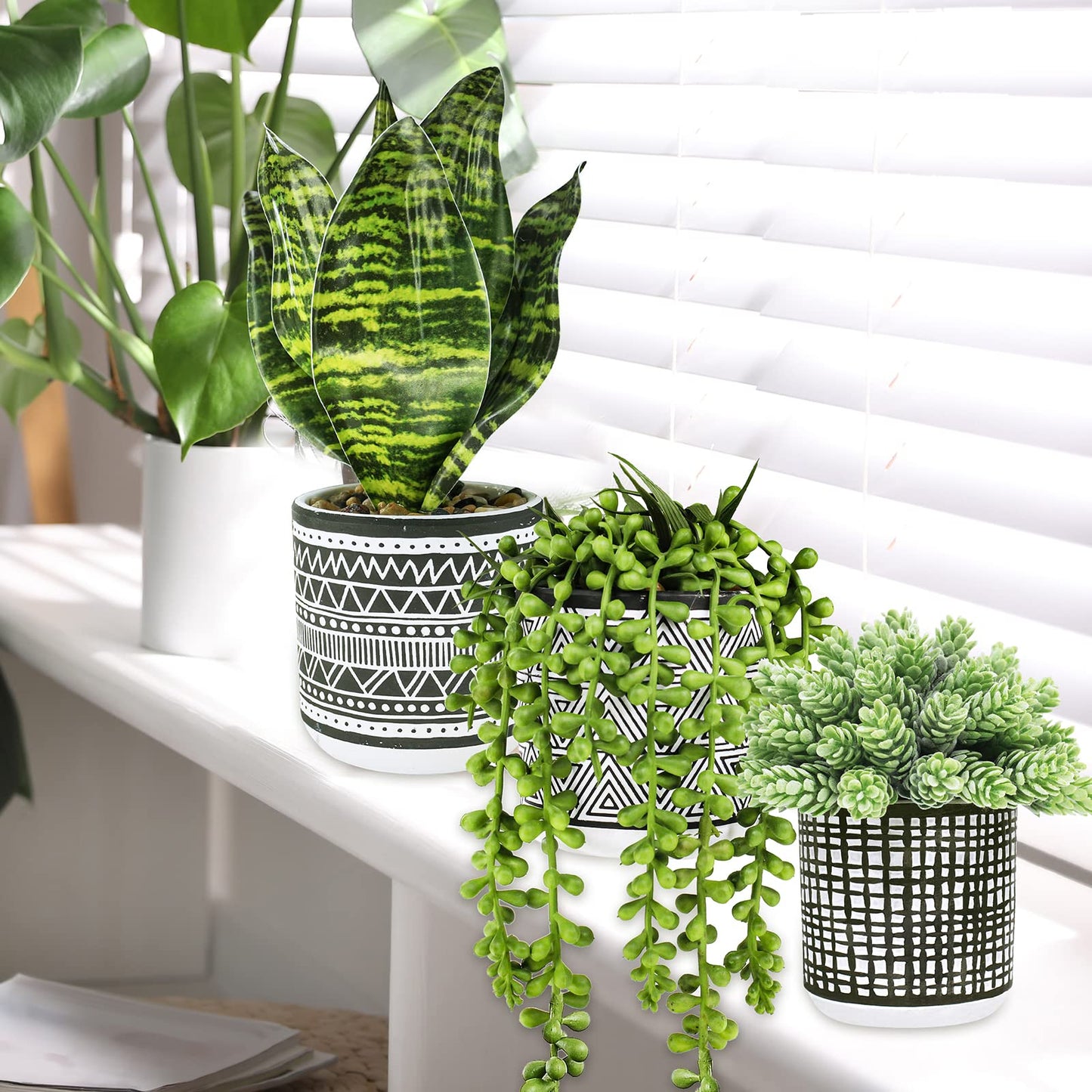 Winlyn 3 Pcs Small Potted Plants Artificial Succulents Hanging Plants and Faux Tropical Snake Plant in Black Geometric Pots for Modern Home Kitchen Windowsill Table Shelf Indoor Outdoor Greenery Decor