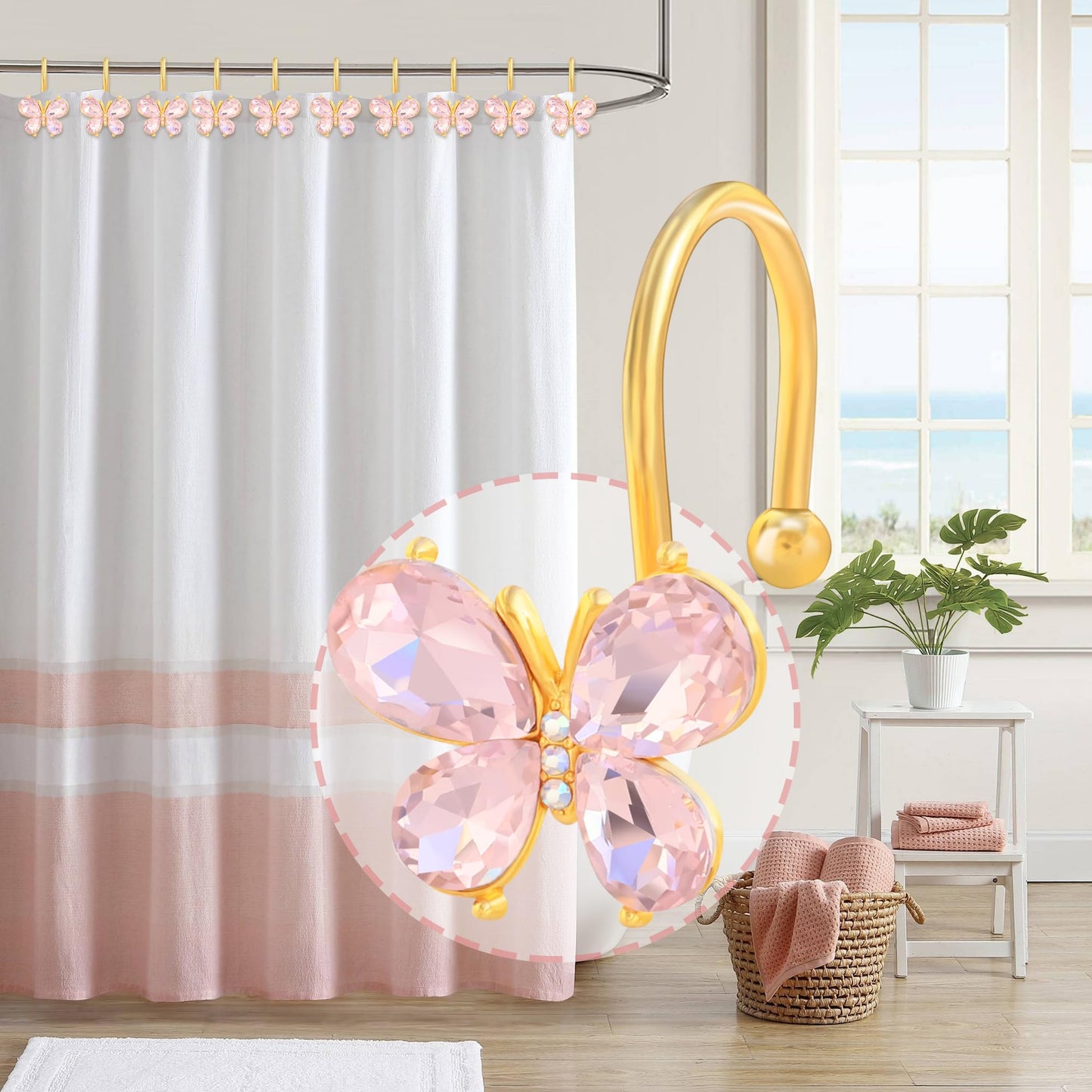 LUMITI Shower Curtain Hooks,12Pcs Rust Resistant Glitter Crystal Butterfly Metal Decorative Shower Rings Hangers for Bathroom Curtains, Clothing, Towels (Pink)