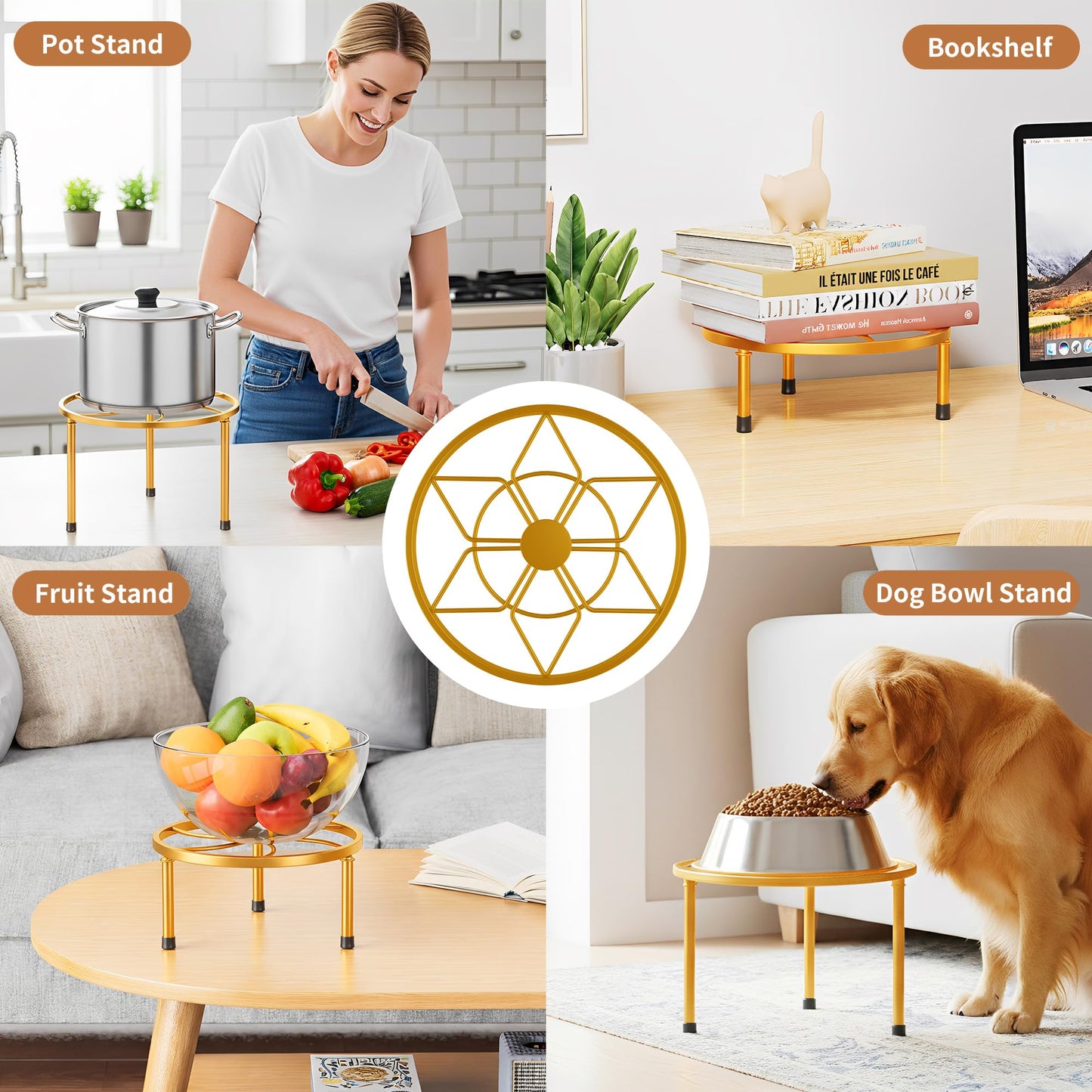 NQW 5 Pack Metal Potted Plant Stands for Indoor Outdoor,Round Planters Flower Pots Stand Holder,Heavy Duty Anti-Rust Iron Plant Shelf for Home Garden Patio Decoration(GoldDiamond)
