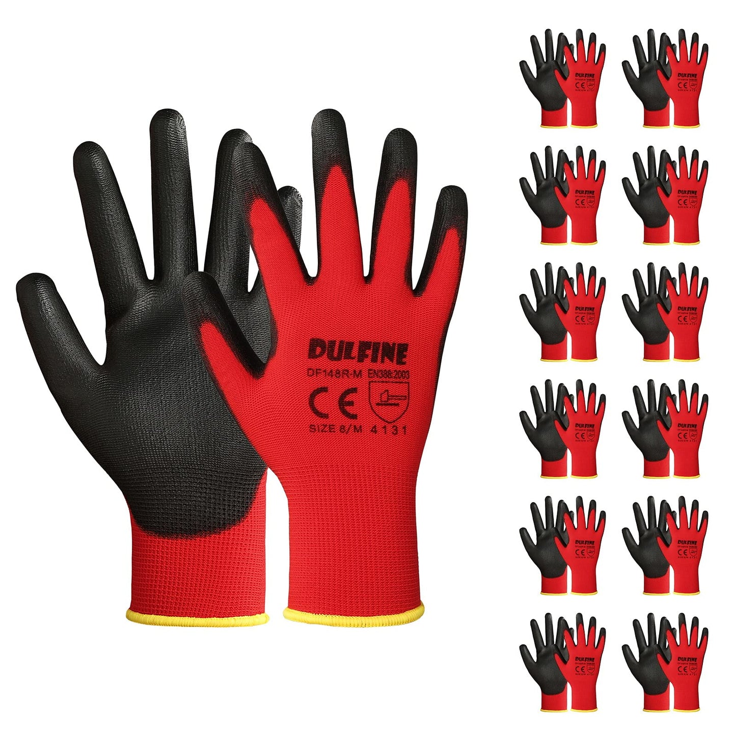 Safety Work Gloves PU Coated-12 Pairs,Red Seamless Knit Glove with Polyurethane Coated Smooth Grip on Palm & Fingers, for Men and Women, Ideal for General Duty Work (Medium)