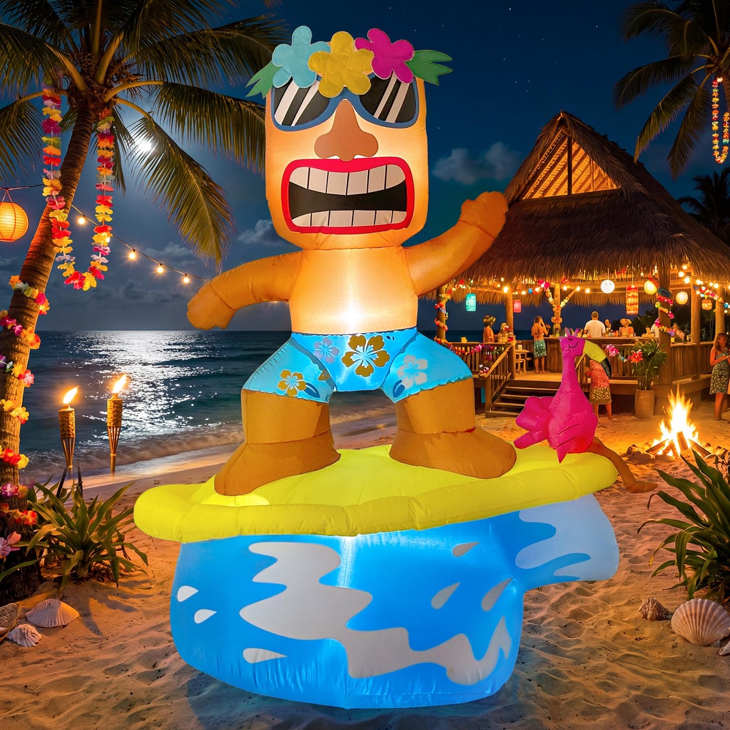 GUDELAK 5FT Flamingo Inflatable Tiki Surfboard Luau Party Decorations, Summer Inflatables Outdoor Decorations with LEDs and Blower, Tiki Blow Up Flamingo for Tropical Beach Pool Summer Yard Decor