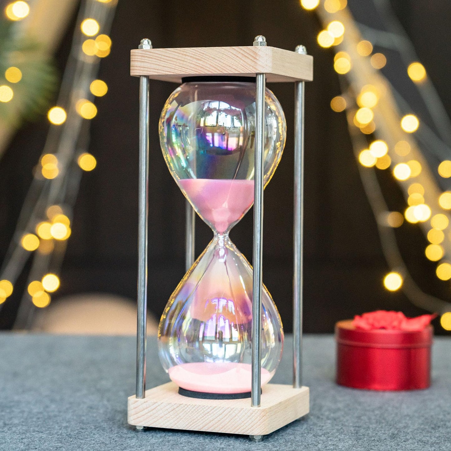 Large 60-Minute Hourglass Sand Timer,Pastel Macaron Glass & Natural Oak Wood Base, Modern Minimalist Office Home Desktop Decor (Macaron Pink)