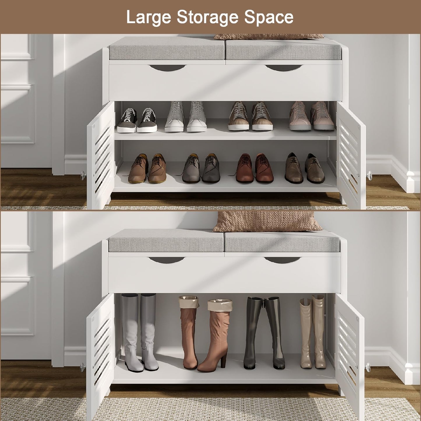 ChooChoo Shoe Storage Bench with Lift Top Storage, Entryway Bench with 2 Cushioned Seats, 3 Compartments, Adjustable Shelf, Shoe Cabinet for Entryway, Bedroom, Living Room, White