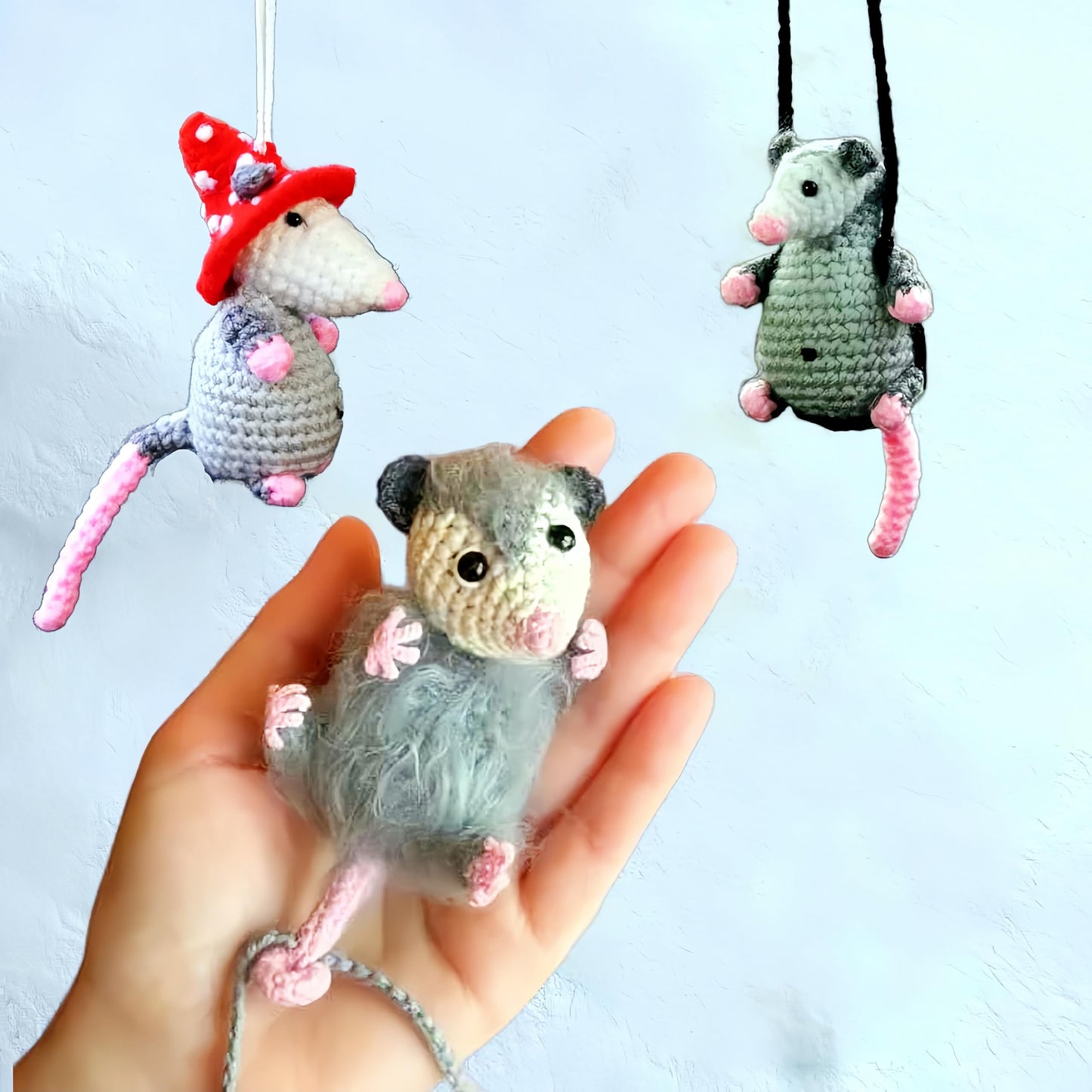 atcryih 2024 New Possum Car Charm, Handmade Crochet Knitted Possum Car Pendant, Opossum Gifts Rearview Mirror Accessory Swinging Car Ornament, Cool Car Dashboard Decorations (A-Down)