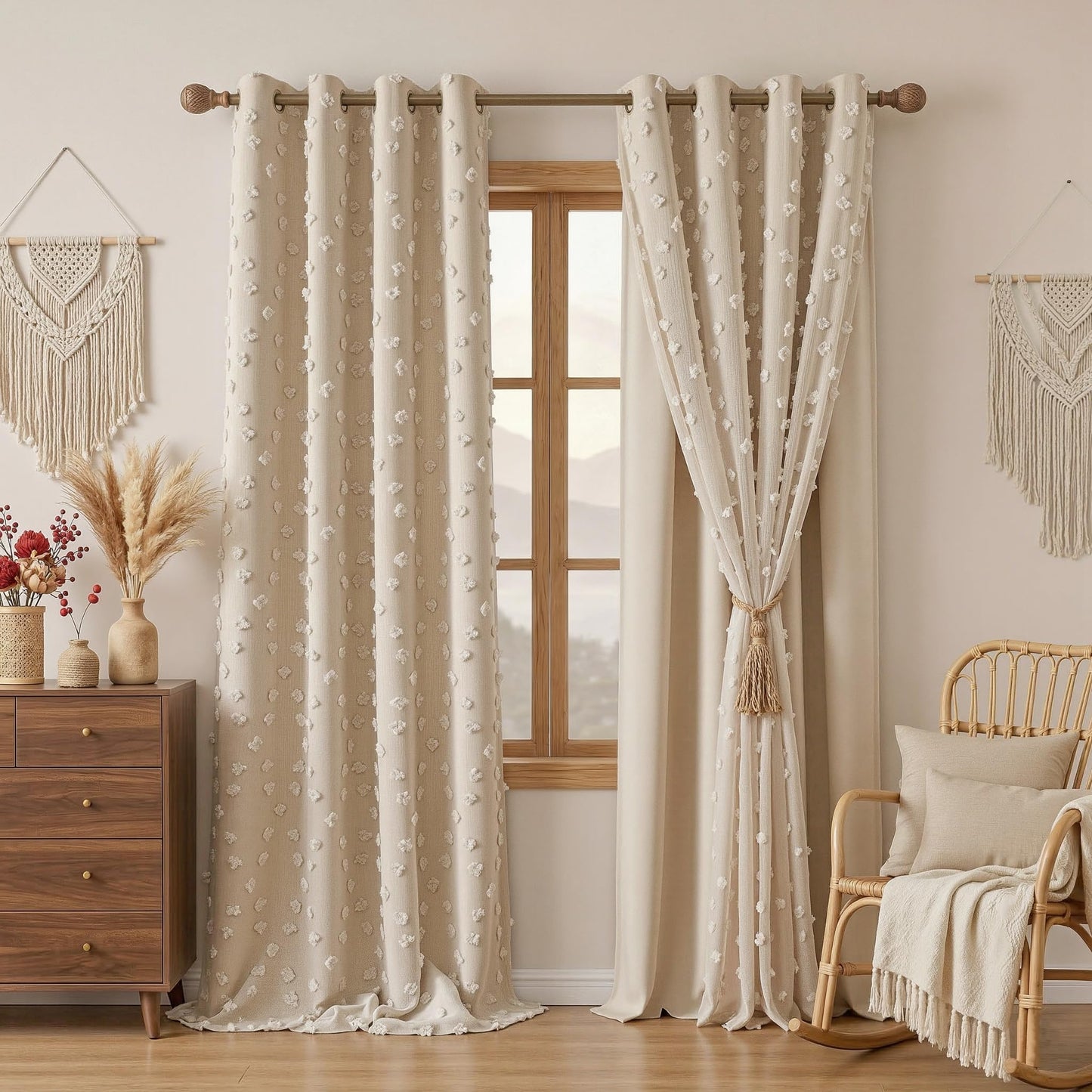 MYSKY HOME Beige Boho Curtains for Living Room 84 Inches Long Blackout Bohemian Curtains 2 Panels Beige Pom Pom Sheer Thermal Insulated Rustic Grommet Privacy Room Darkening Window Drapes 52" x 84"