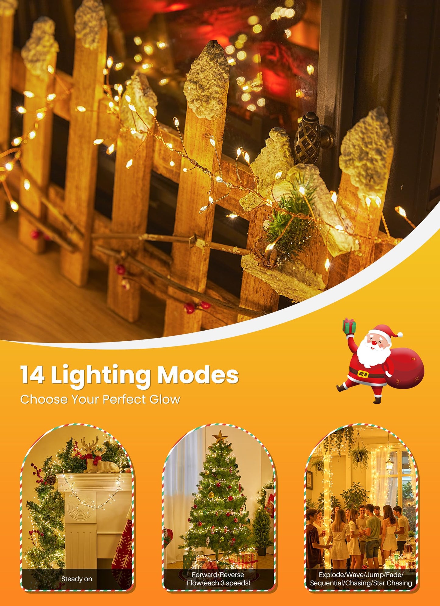 SmartDawn Flowing Fairy Lights Plug in with 14 Modes, 10FT 388LED Twinkle Firecrackers String Lights Indoor Waterproof, Christmas Tree Cluster Lights for Bedroom Garland Christmas Decor, Warm White