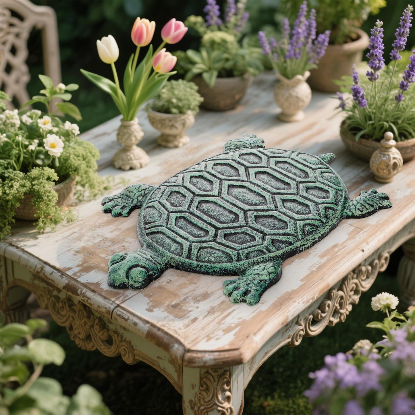 Lawei Cast Iron Turtle Stepping Stone, Sturdy Metal Stepping Mat for Front Door, Garden, Lawn and Yard, Verdigris Tortoise Decorative Stone Path Paver for Outdoor Walkway, 12.5 x9.4 Inch