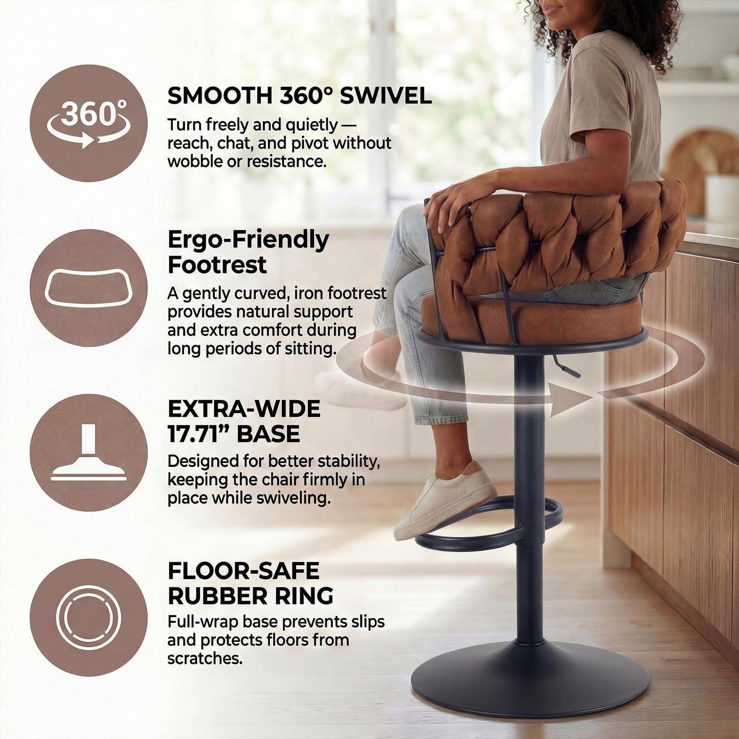 YOUNUOKE Single Swivel Bar Stool, Adjustable Height Counter Stool with Woven Back, Metal Legs & Large Footrest, Cloth Fabric Upholstery for Kitchen Island (Light Brown,1 Pack)
