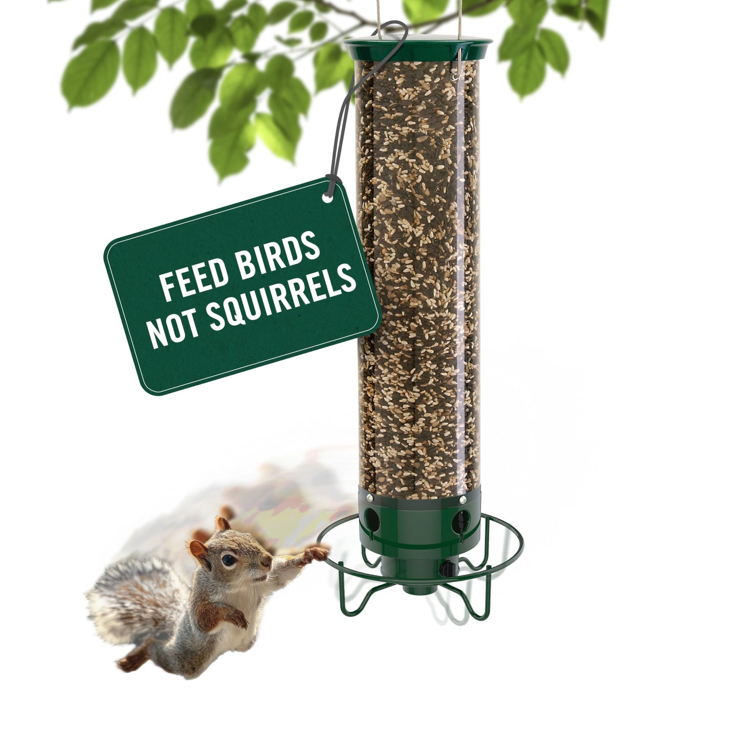 Droll Yankees Squirrel Proof Bird Feeder for Outdoors – Rechargeable Weight-Activated Rotating Perch, 5lb Seed Capacity, Metal Base, UV-Stabilized Seed Tube, Hanging Green Yankee Flipper, YF-M
