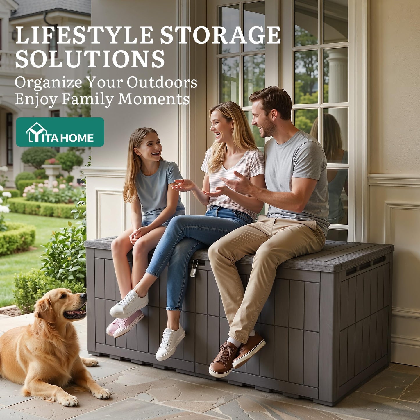 YITAHOME XL 200 Gallon Large Deck Box, Waterproof Resin Outdoor Storage Box with Lock and 3-Person Bench Seating for Patio Furniture Cushions,Garden Tools & Pool Accessories, Light Brown