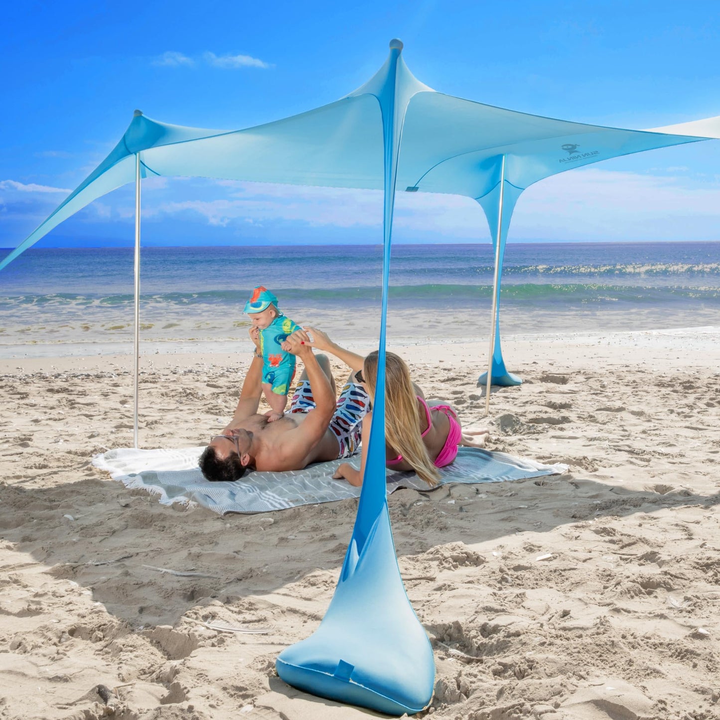 SUN NINJA Beach Tent Sun Shelter UPF50+ - Easy Pop Up Beach Canopy - Outdoor Shade for Camping Trips, Fishing, Backyard Fun Picnics - Sand Shovel, Ground Pegs & Stability Poles