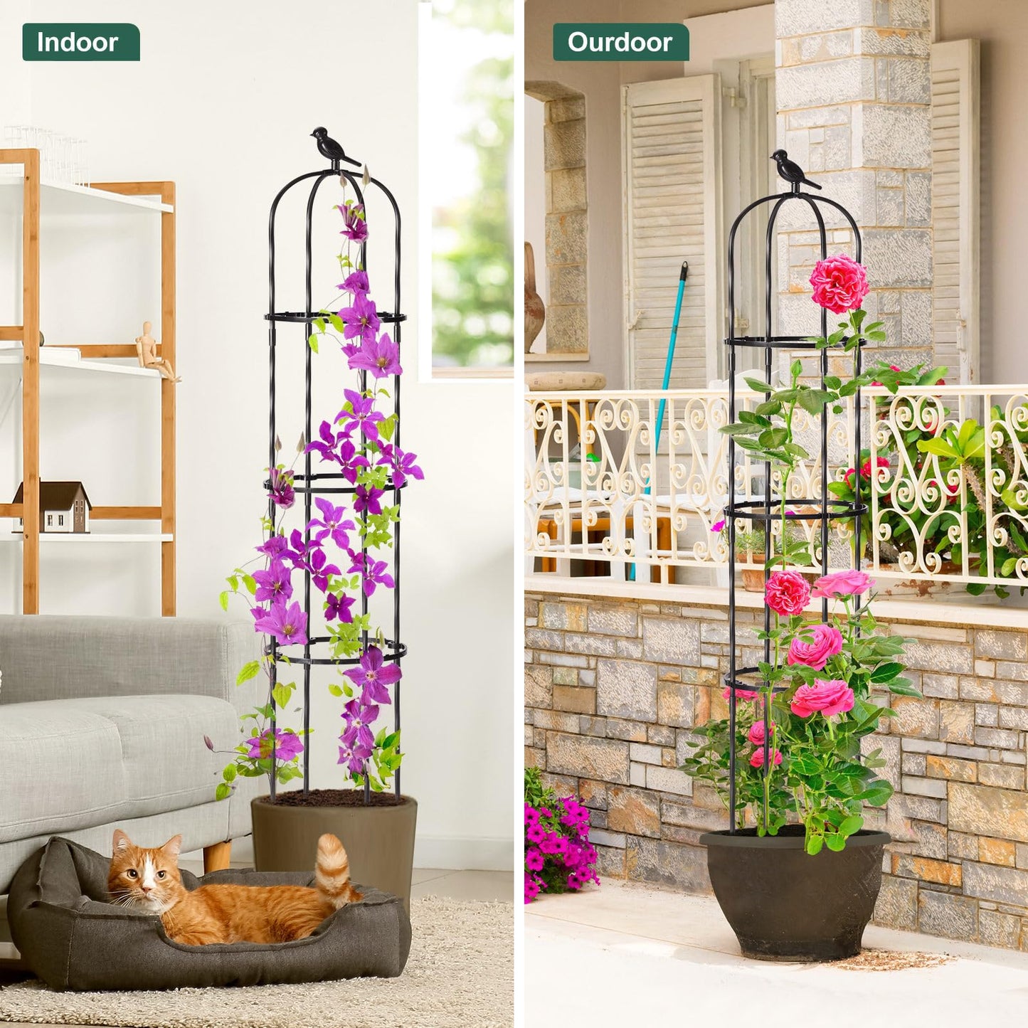 FOLLOOK Garden Trellis Obelisk for Climbing Plants, Lightweight Metal Plant Support for Roses Clematis Vines, Rustproof Decorative Trellis for Outdoor Garden Patio Planter, Black, 2 Pack