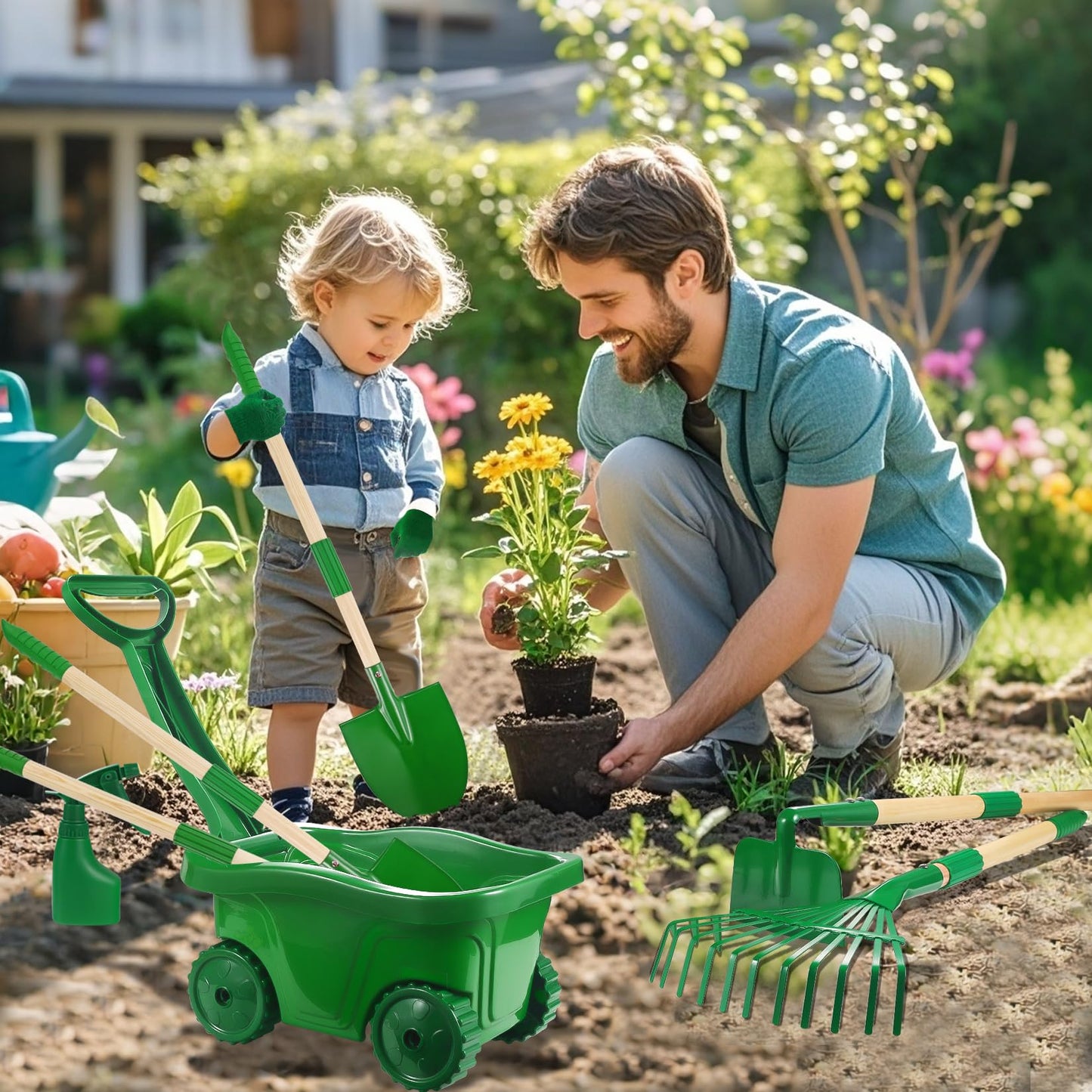 Duckura Kids Gardening Tools Set - 10pcs Wheelbarrow Set for Kids with Shovel, Rake, Leaf Rake, Summer Outdoor Yard Digging Weed Toys, Easter Birthday Gifts for Boys Girls Age 2 3+ Years(Green)