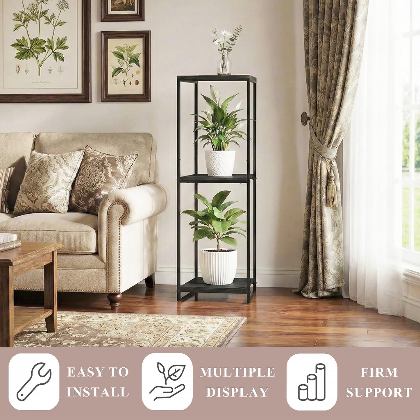 JEPRECO 46" Tall Plant Stand Indoor, 3-Tier Modern Plant Shelf, Corner Flower Pot Holder Organizer for Living Room Balcony Patio Garden (Black)