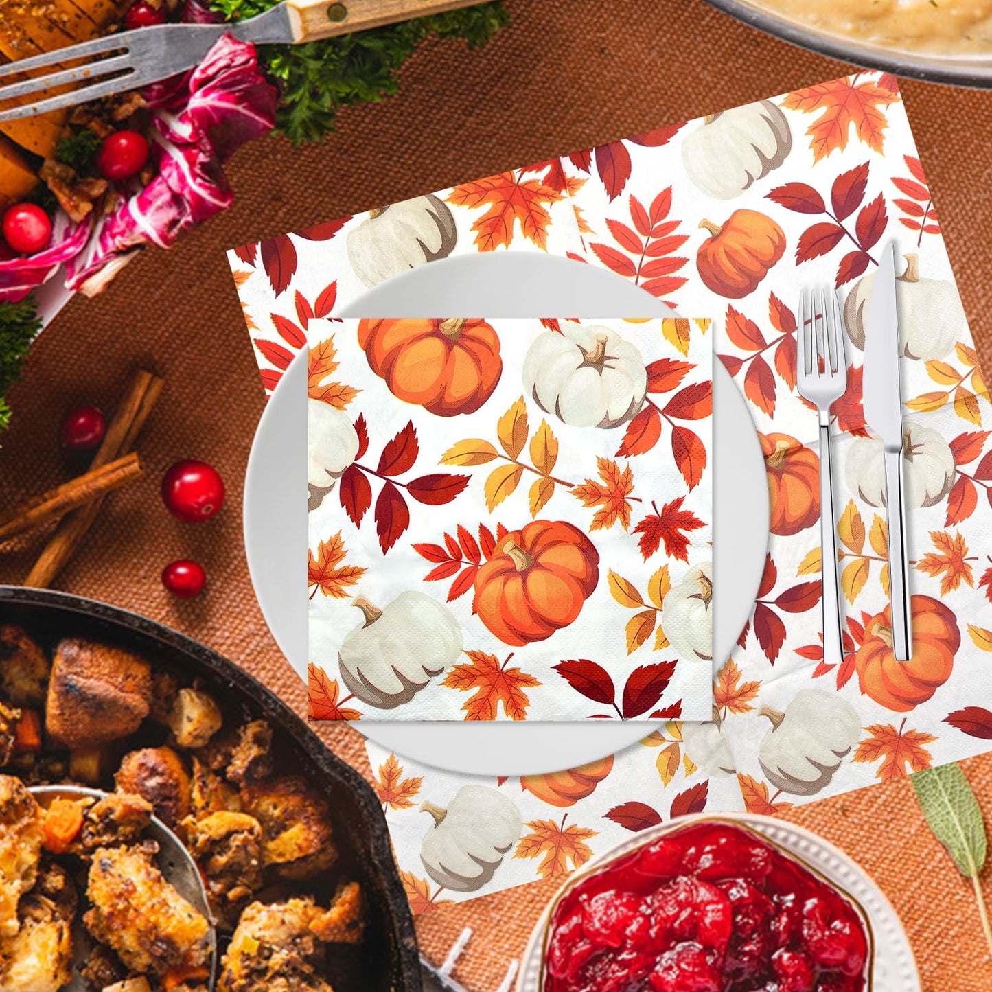40 Pack Fall Thanksgiving Paper Napkins - 13 x 13 Inches Disposable Pumpkin and Autumn Maple Leaves Pattern Serviettes Tableware Luncheon Cocktail Napkin Party Supplies for Holiday Dinner Decorations