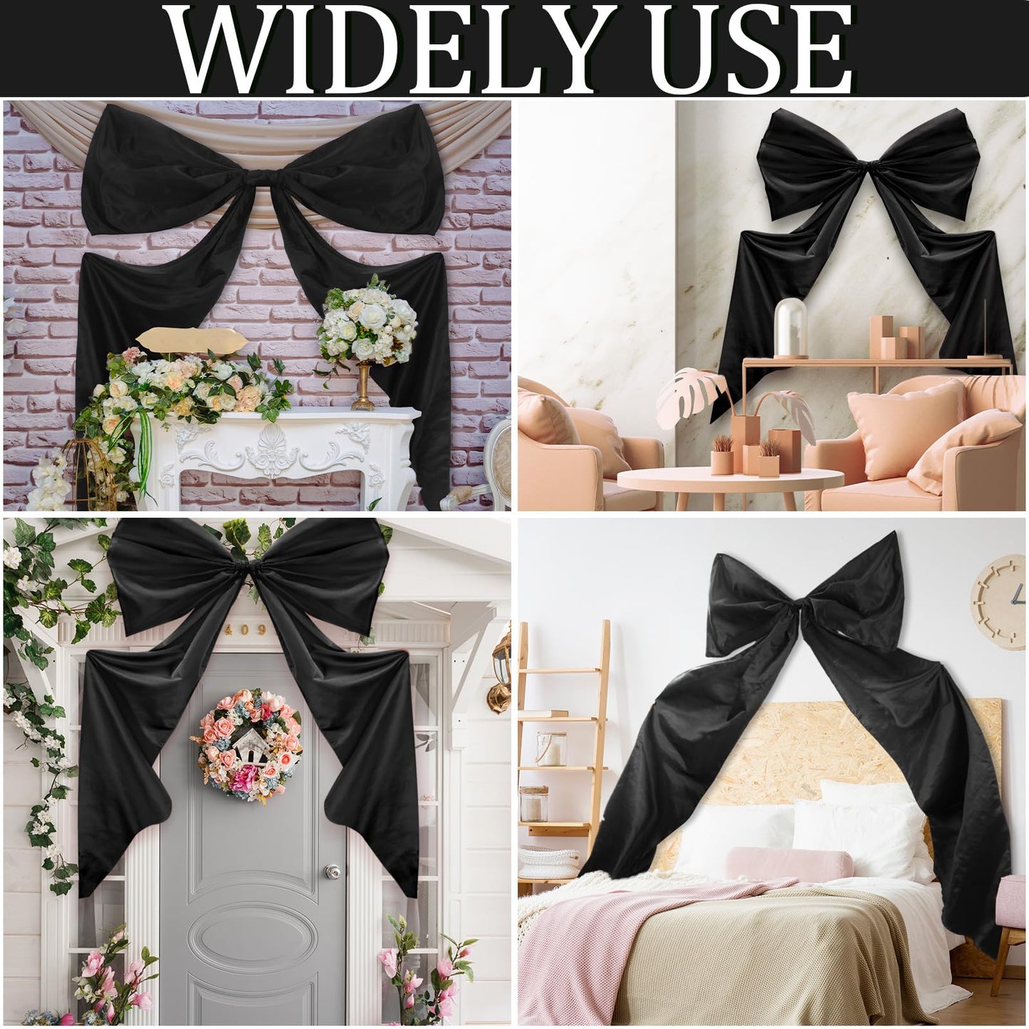 Wavwavw Big Wall Bow Decorations 39 x 72 Inch Giant Birthday Party Decor Ribbon Hanging Tie Bow Decor for Coquette Party Baby Shower Wedding Bridal Bachelorette Supplies(Black,Polyester,Weeding)