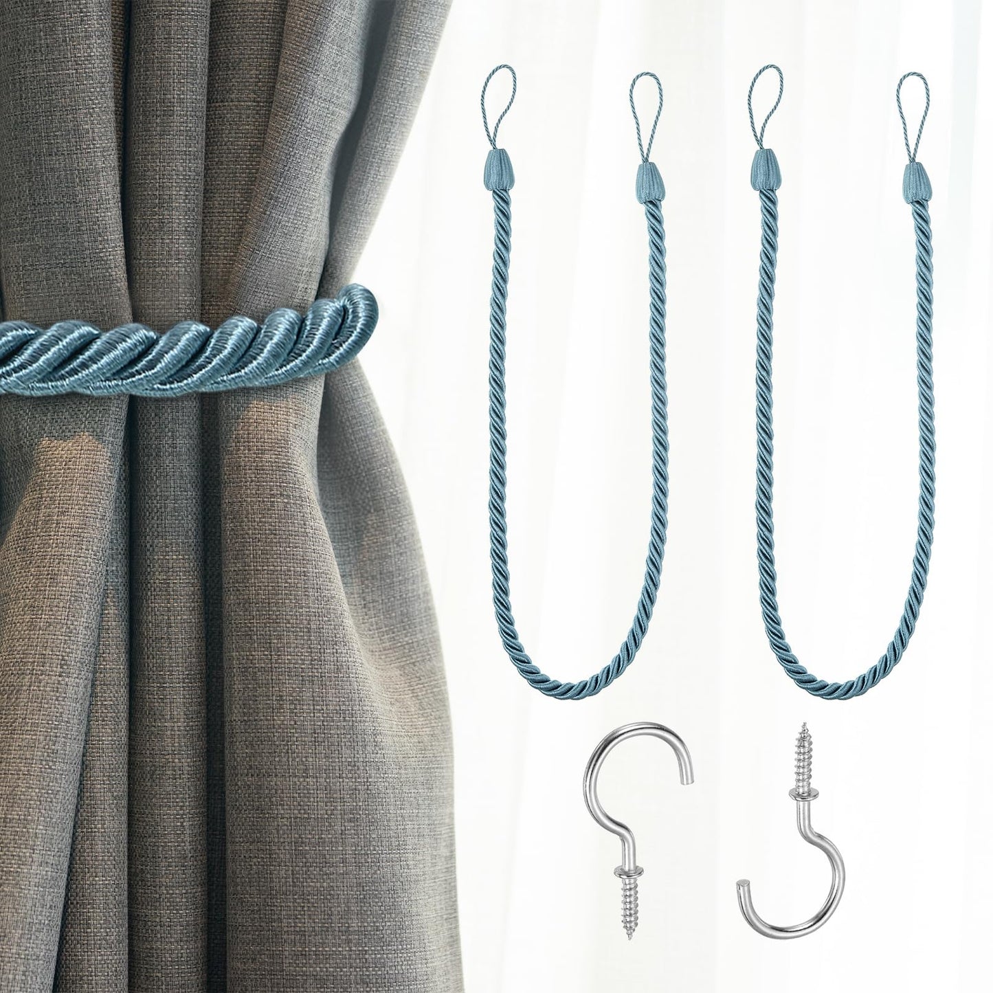uxcell 2 Pack Curtain Tiebacks, 75cm/29.5" Braided Drapery Holdback Holder Decorative Rope Tie Back with Metal Screw Hooks for Home Office Decor, Gray Blue