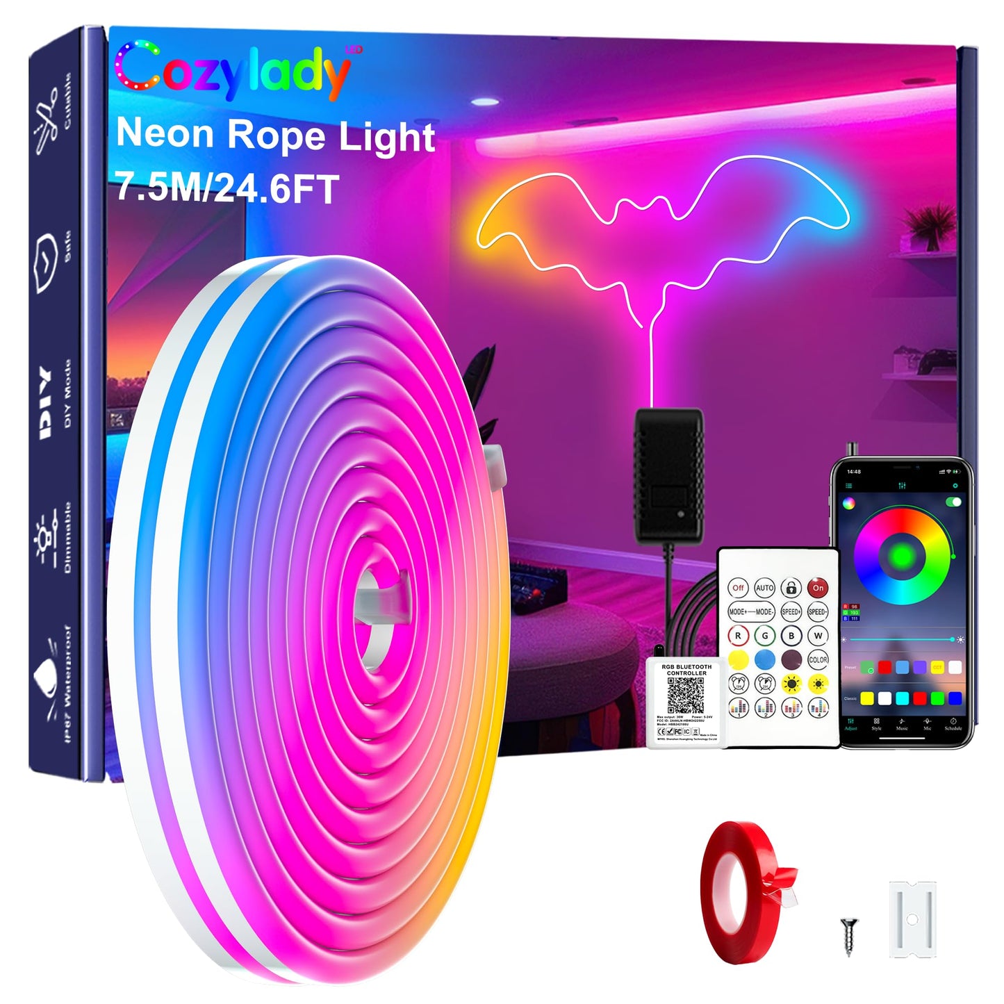 Cozylady RGB Neon LED Rope Lights, Waterproof Bluetooth APP Remote Control Music Sync Strip Lights, 24V Flexible DIY Silicone Light for Bedroom Home Indoor Outdoor Decor (7.5M/25Ft)