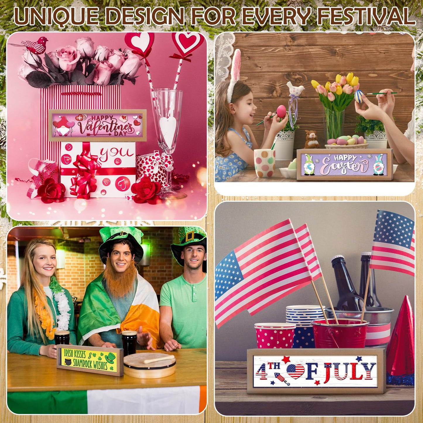 Barydat 25 Pcs Interchangeable Seasonal Decor Interchangeable Welcome Sign with a Wood Frame Seasonal Wooden Welcome Sign Holiday Table Decor for Independence Day Halloween Christmas Decoration