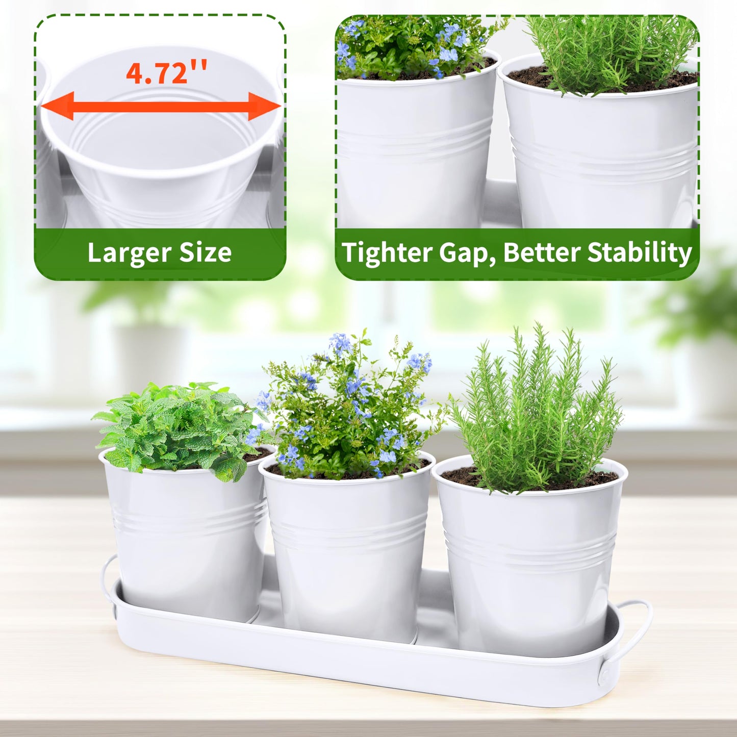 SORANGEUN Metal Herb Garden Planter Set with Tray, 3-Pack White Zinc-Coated Windowsill Plant Pots with Drainage Holes & Handles for Indoor Outdoor Kitchen Garden