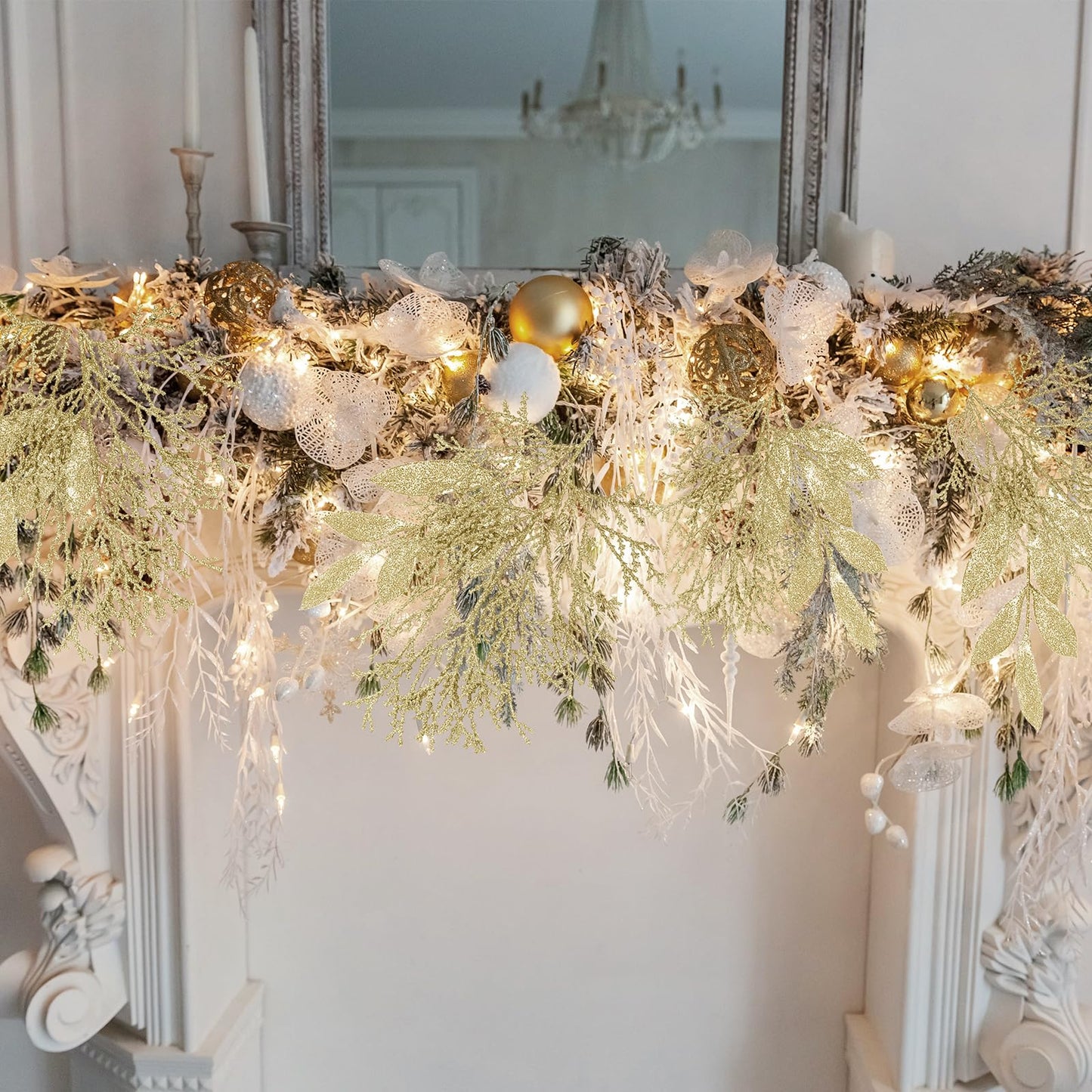 Winlyn 30 Pcs Christmas Artificial Bay Leaf Picks Cedar Sprays Champagne Glittered Christmas Tree Ornament Picks Winter Floral Stems for Champagne Christmas Tree Wreath Holiday Decor Wedding Bouquet