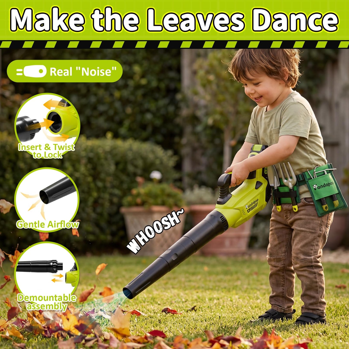 Pandapop Kids Gardening Tools Set, 2 In 1 Kids Leaf Blower & Toy Lawn Mower with Sounds & Lights, Kids Tool Set with Belt & Gloves, Outdoor Play Toy Tools, Christmas Birthday Gifts for Boys 3 4 5 6 7+