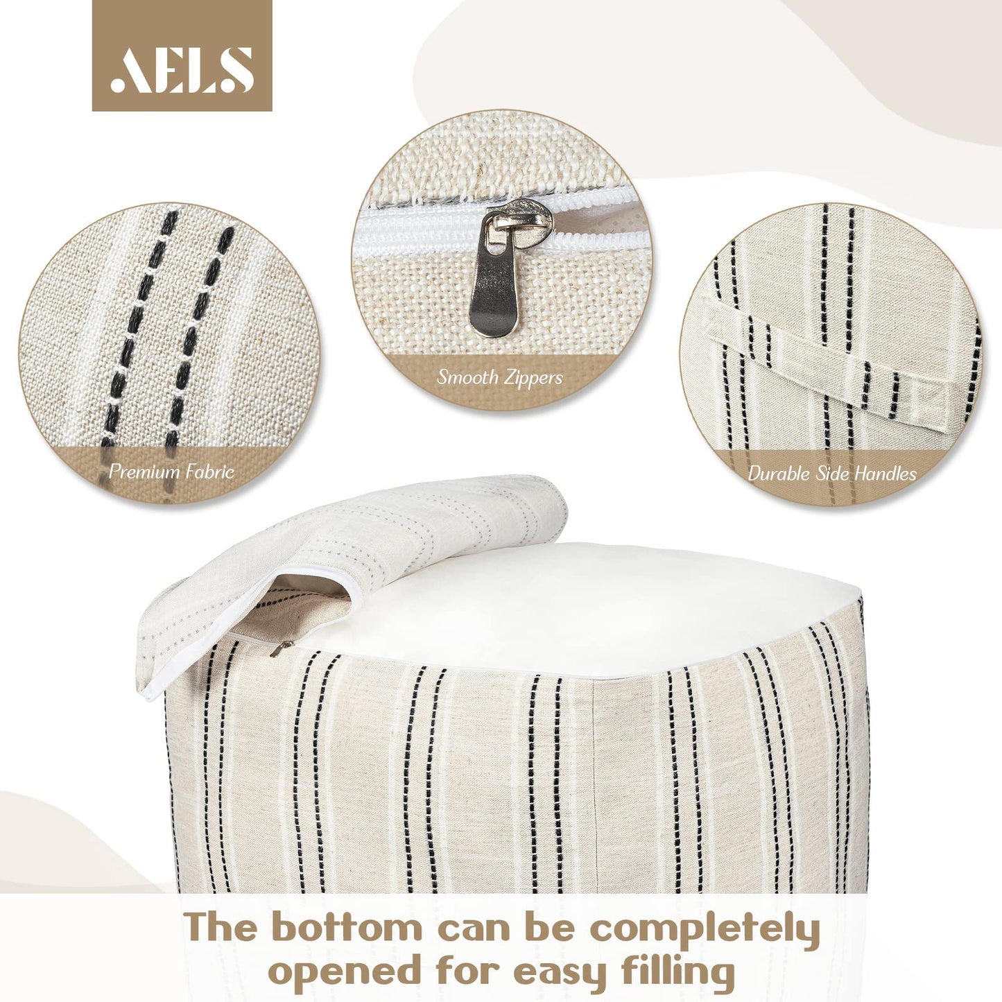 AELS Unstuffed Farmhouse Pouf Cover for Living Room, Boho Storage Bean Bag Cubes, Beige with Black Stitch Yarn Dyed Stripe Square Ottoman Pouf Foot Rest Footstool, 18"x18"x18", Cover ONLY