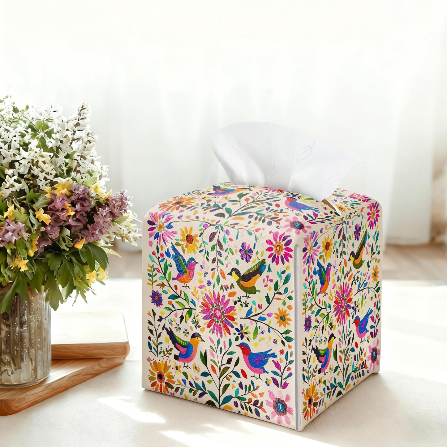 Floral Bird Tissue Box Holder, Scandinavian Leather Tissue Box Cover Square with Bottom Belt, Paper Napkins Everyday Dispenser for Bathroom Night Stands Kitchen Office Car Home Decor