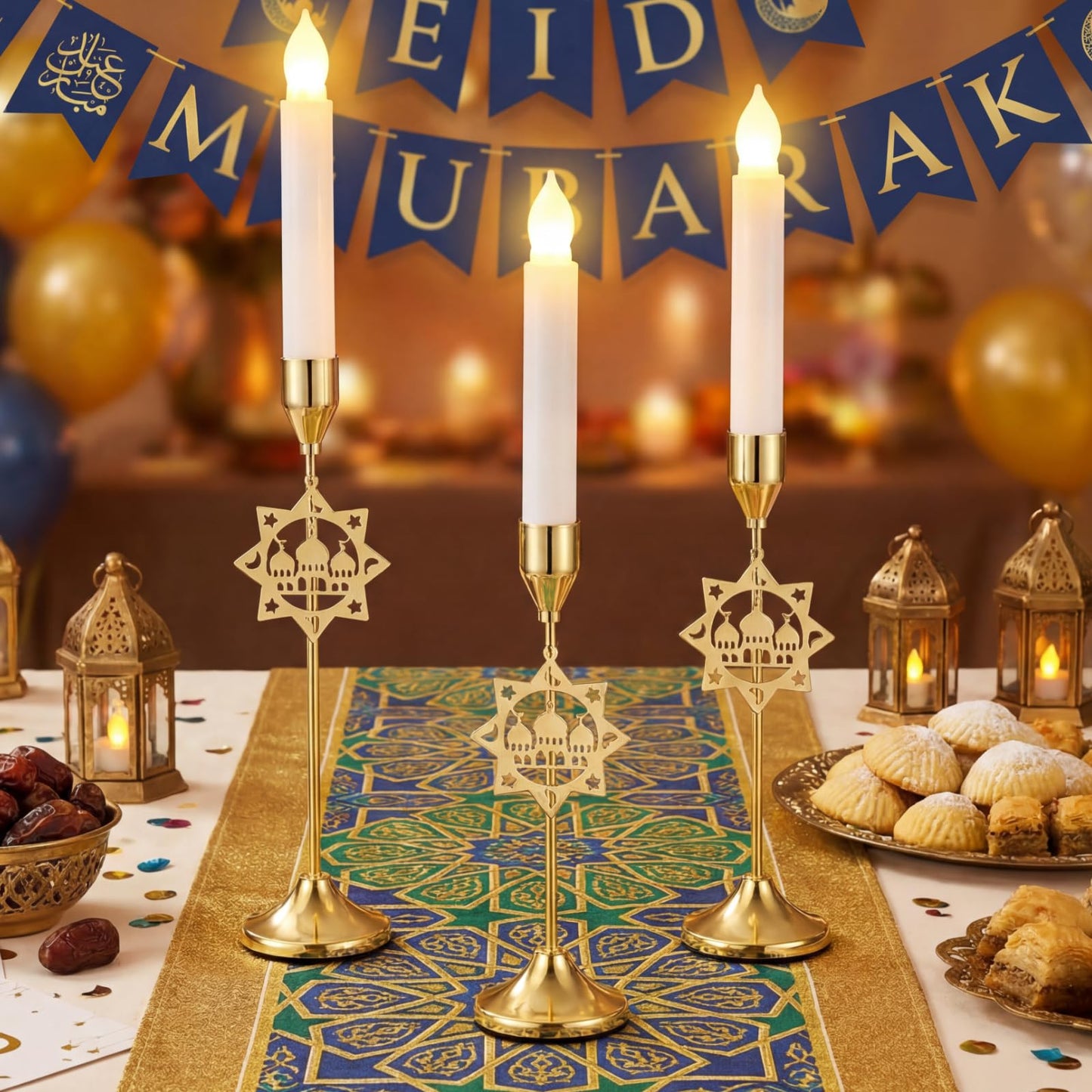 Ceenna 3 Pcs Ramadan Candle Holders, 3 Size Mosque Candlestick Holders, Gold Candle Holder for Eid Mubarak Ramadan Decorations Table Centerpiece Mantel Decor Housewarming Gifts