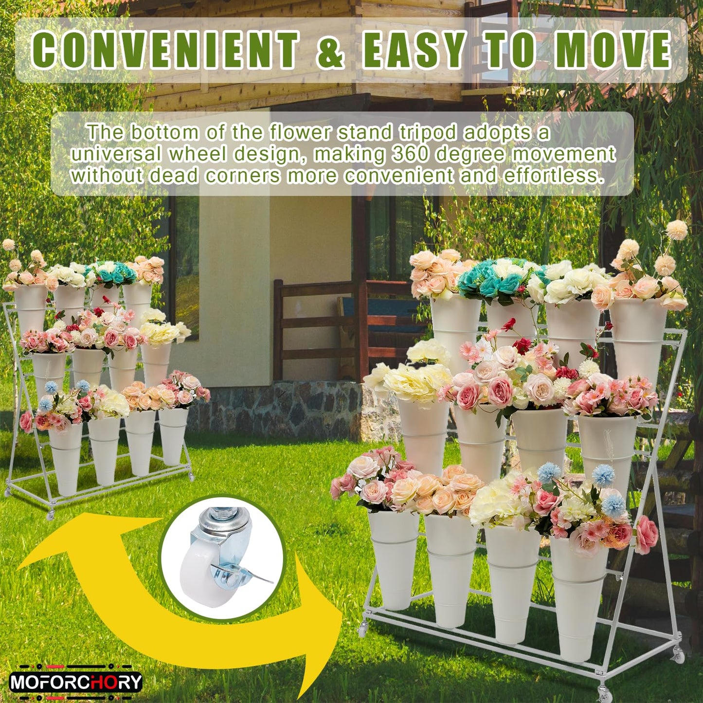 Moforchory flower bar stand, flower display stand with 12 buckets, 3 Layers Flower Cart White Metal Flower Bar Stand with Wheels, Moving Florist Bouquet Shelf for Indoor Outdoor Patio Garden Weddings Florist Living Room