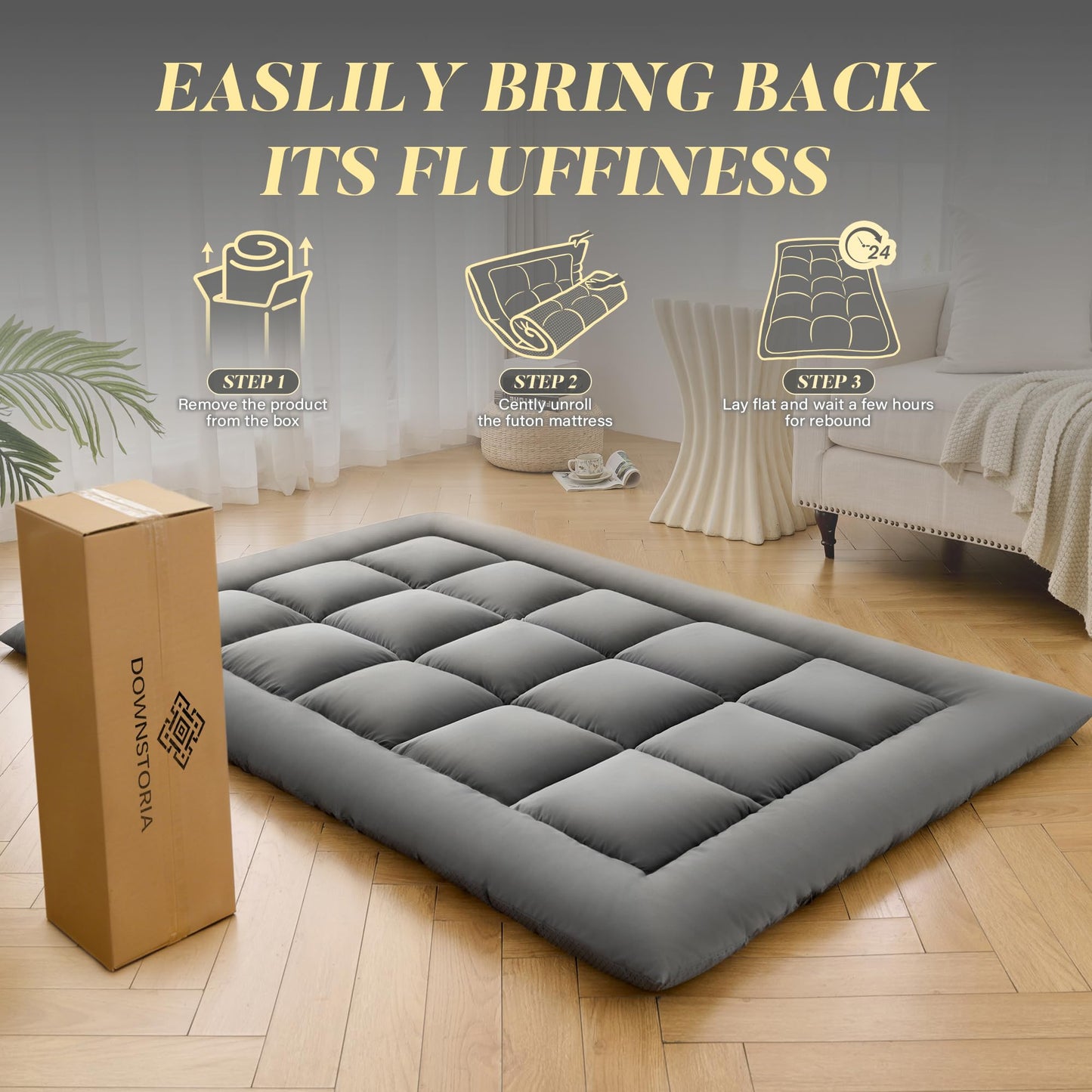DOWNSTORIA Japanese Floor Mattress, Foldable Futon Mattress Tatami Mat with Handle, Roll Up Camping Sleeping Pad for Adults, Guestroom Floor Bed, Twin Size, Grey