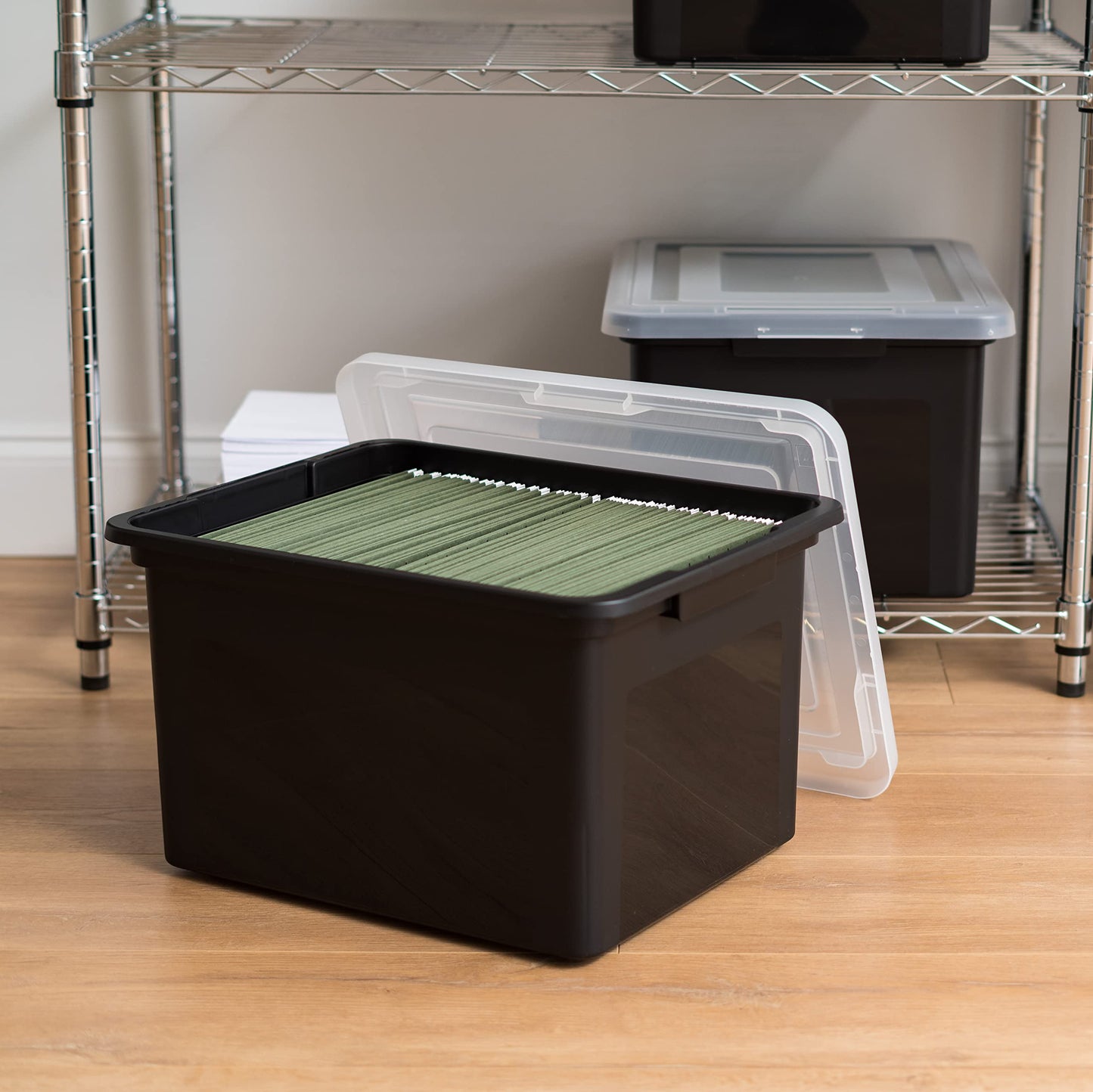 IRIS USA File Box, Plastic File Organizer with Lids for Letter/Legal File, Portable Document Box For Moving, Storage Bin with Durable and Secure Lid, Stackable Nestable BPA-Free, Black 35 Qt. 4 Pack