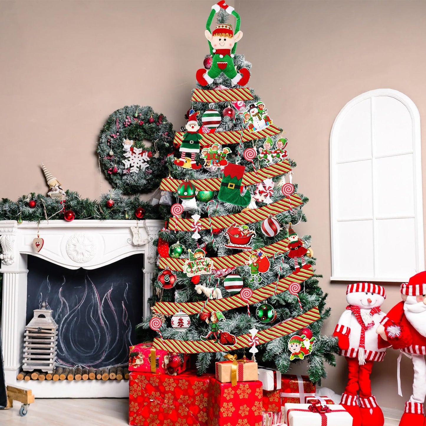43 Pcs Elf Christmas Tree Decorations Elf Christmas Tree Hanging Ornaments Topper Candy Ball Pendant Red White Green Hanging Ornaments for Holiday Party Decoration