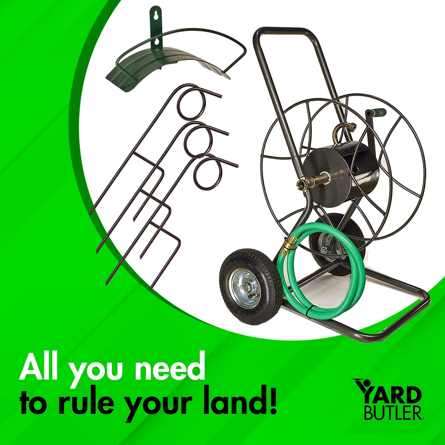 Yard Butler Ultimate Hose Management Bundle - Complete Hose Organizer Kit - Wheeled Cart, Wall Mounted Hanger, & Plant Saving Guides - Durable Powder Coated Steel - 5-Piece Set