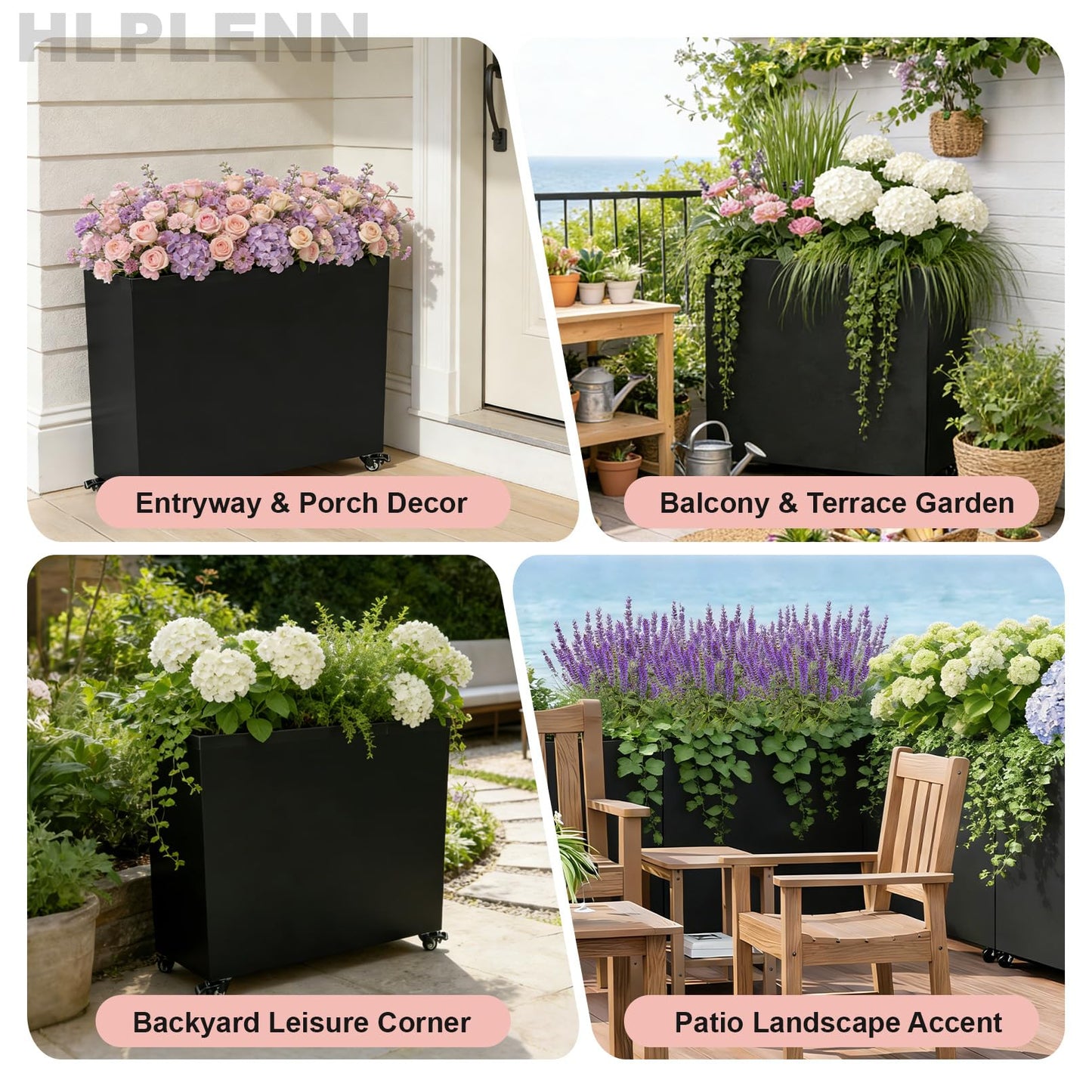 Hlplenn Tall Rectangular Metal Planter Box（36''L x 11''W x 30''H） with Wheels, Large Outdoor Rolling Planter for Patio & Garden, Modern Black Steel Planter Boxes Outdoor with Locking Casters
