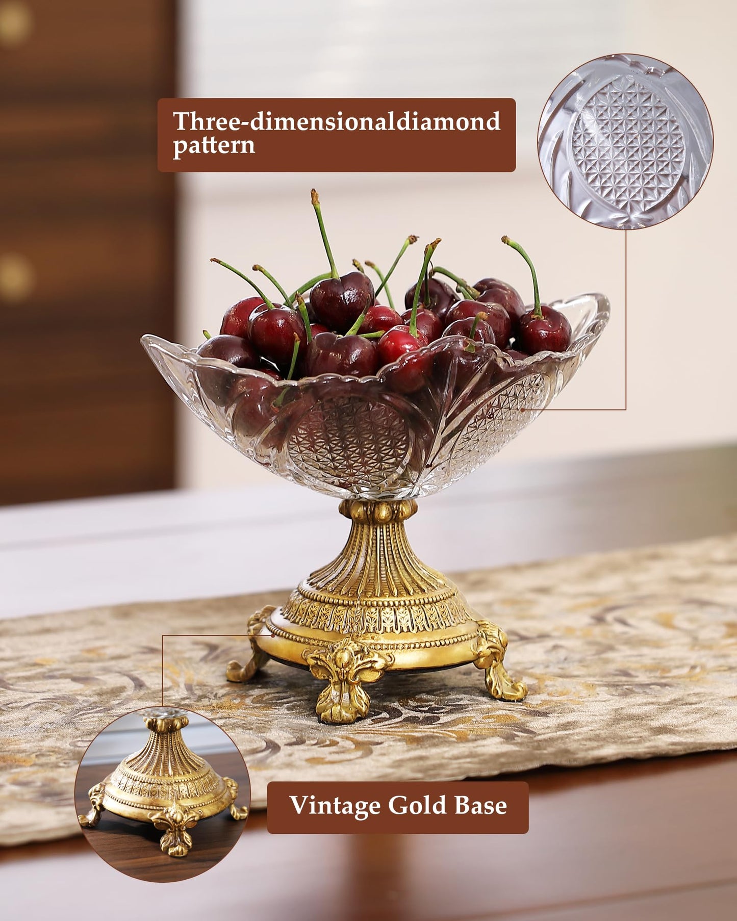 gloriousliving Small Glass Fruit Bowl，8" Decorative Bowl,Decorative Glass Bowl with Gold Pedestal, Kitchen Counter Fruit Bowls for Fruit Vegetable Candy and Key