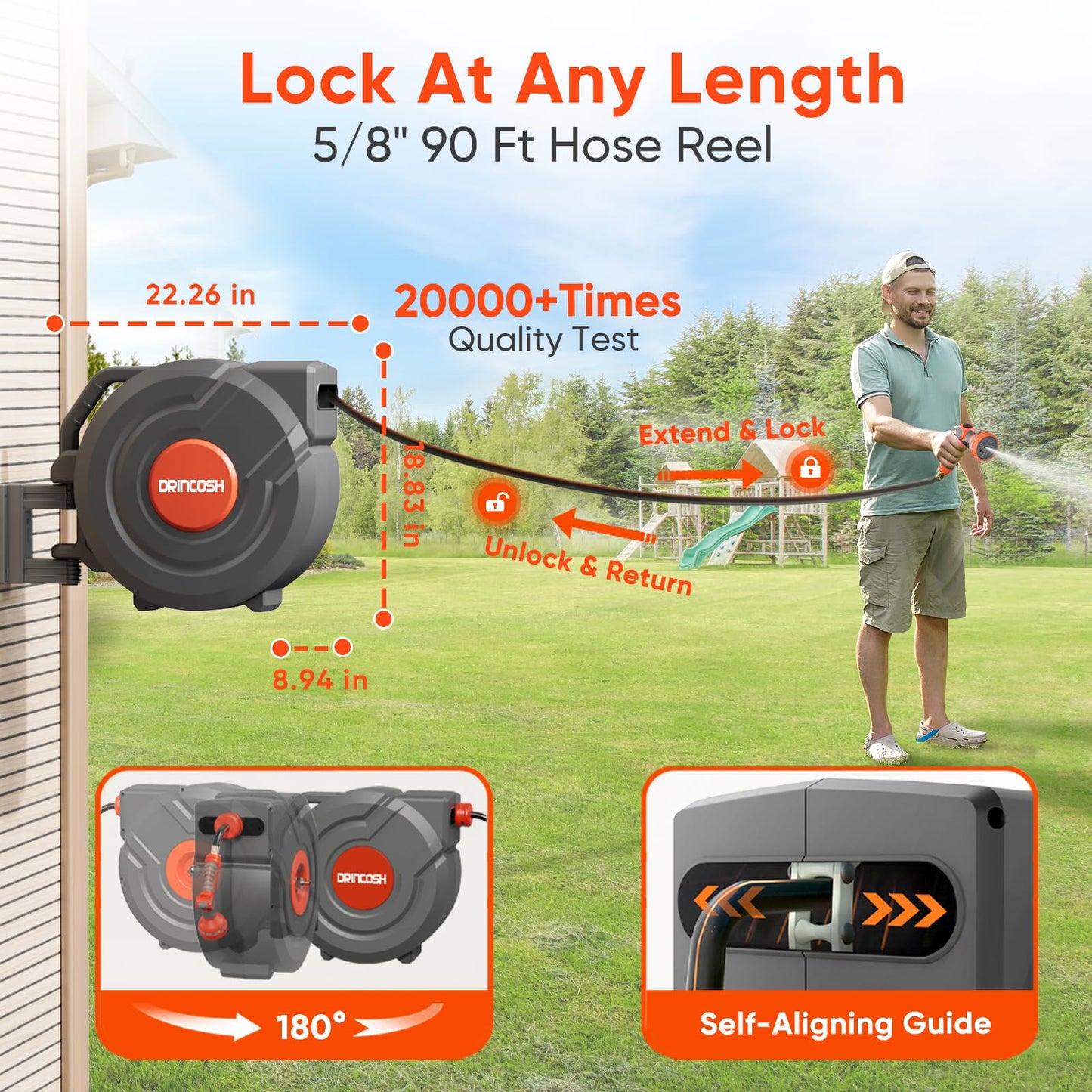 Retractable Garden Hose Reel 90 ft 5/8 inch Automatic Rewind with Any-Length Lock 9 Pattern Nozzle Sprayer 180° Swivel Wall-Mounted Hose Reel for Home Yards