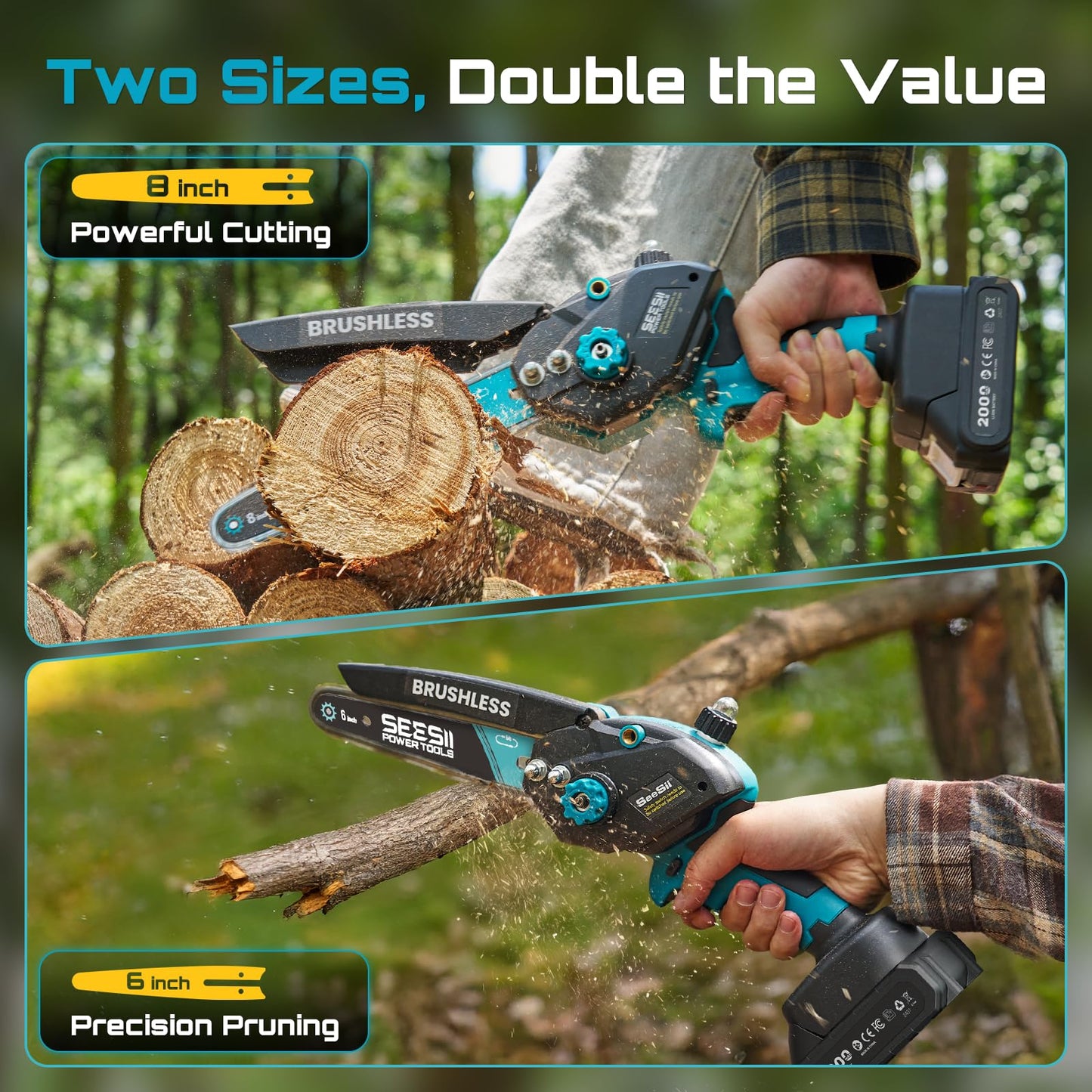 Seesii Mini Chainsaw Cordless, 8 Inch & 6 Inch Electric Chainsaw with 2 Batteries & Auto Oiler, 1000W Brushless Handheld Chain Saw for Tree Branch Wood Cutting, Garden Tools Gift for Men Dad Husband