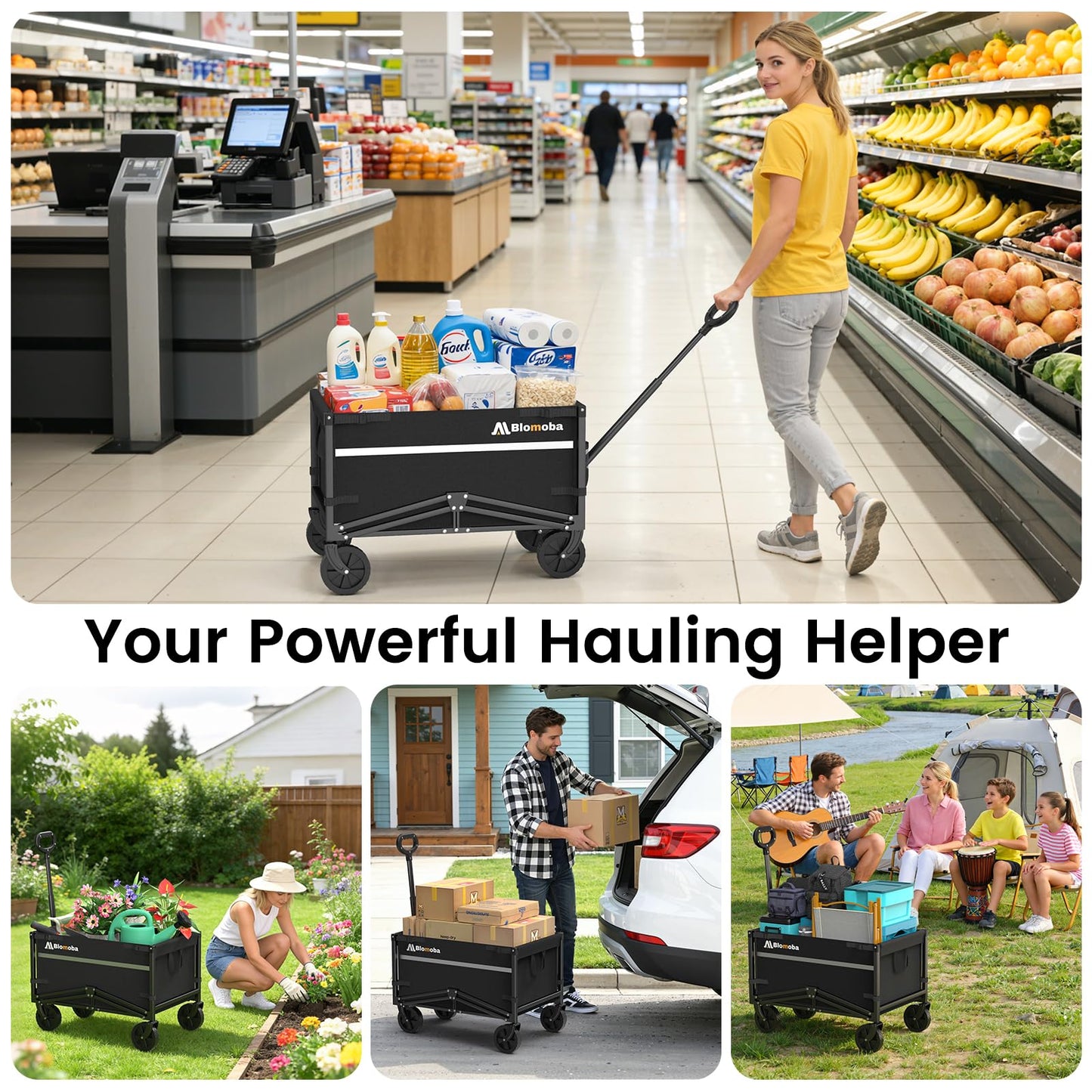 Blomoba Collapsible Wagon Cart, Flexible Handle, Portable Collapsible Wagon with All-Terrain Wheels 360° Rotation, 220LBS Heavy Duty Utility Cart for Garden Camping Grocery Sports Shopping Beach