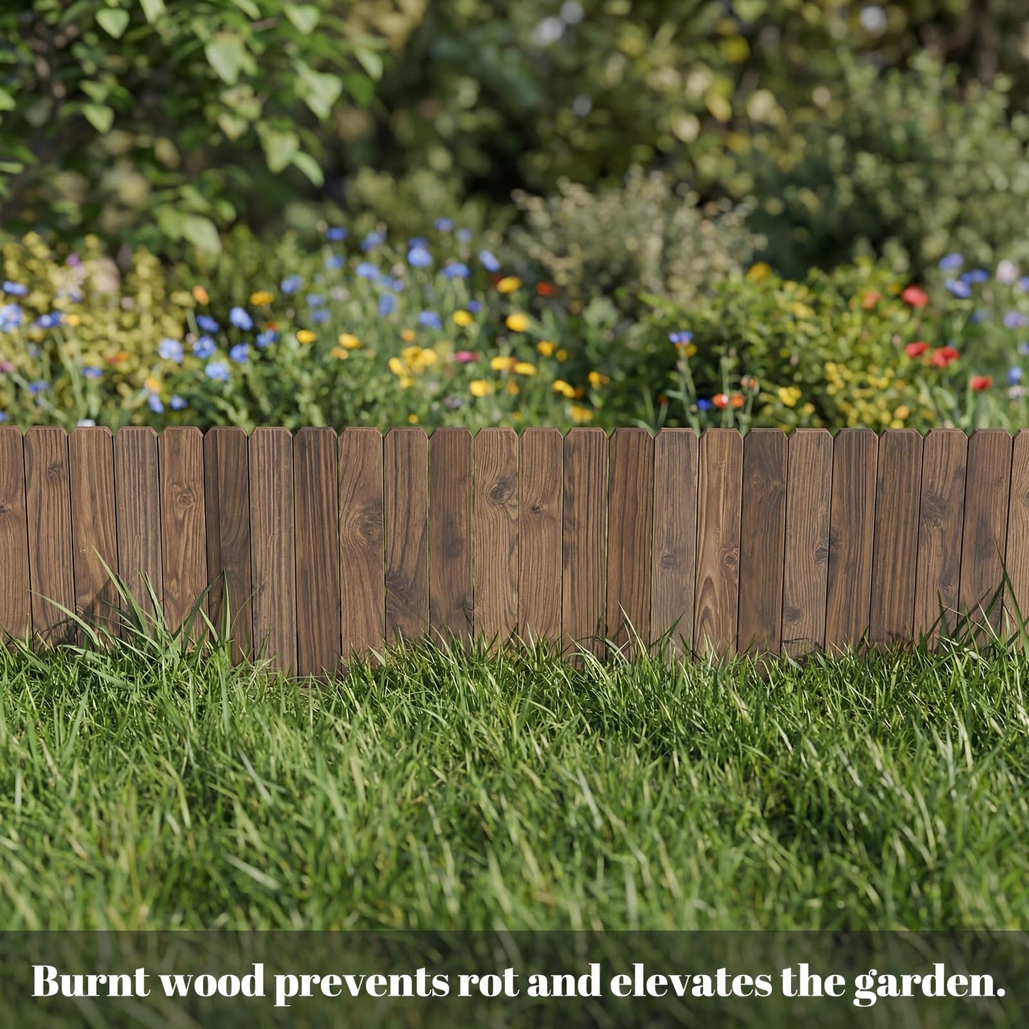 Wieghda Garden Wooden Fence Edging, Burnt Wood Finish, Fir Wood,Outdoor Lawn Landscape Border (2, 11.8" Height)