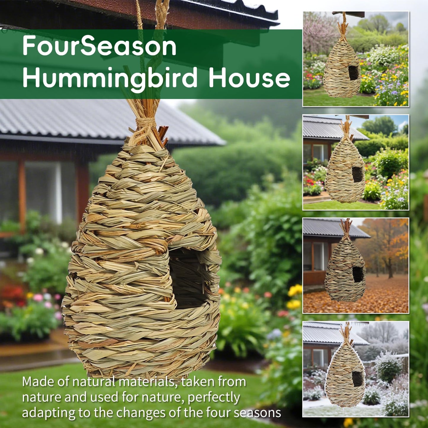 Gute Hummingbird Houses for Outside Hanging, Natural Grass Hanging Bird Hut, Hand Woven Bird Nest, Large Wren Finch Bird House for Garden Window Outdoor Home Decoration, 3 Pack