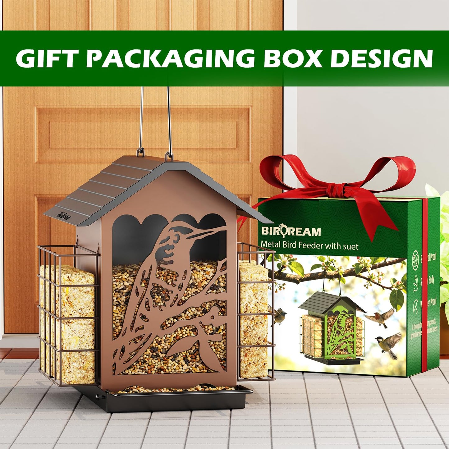 Birdream Bird Feeders for Outdoors, 5 Lbs Metal Bird Feeder with Double Suet Cages, 2 in 1 Mixed Seeds Suet Feeder, Large Capacity & Weatherproof Metal Roof, Attract Cardinals Wildbird Woodpecker
