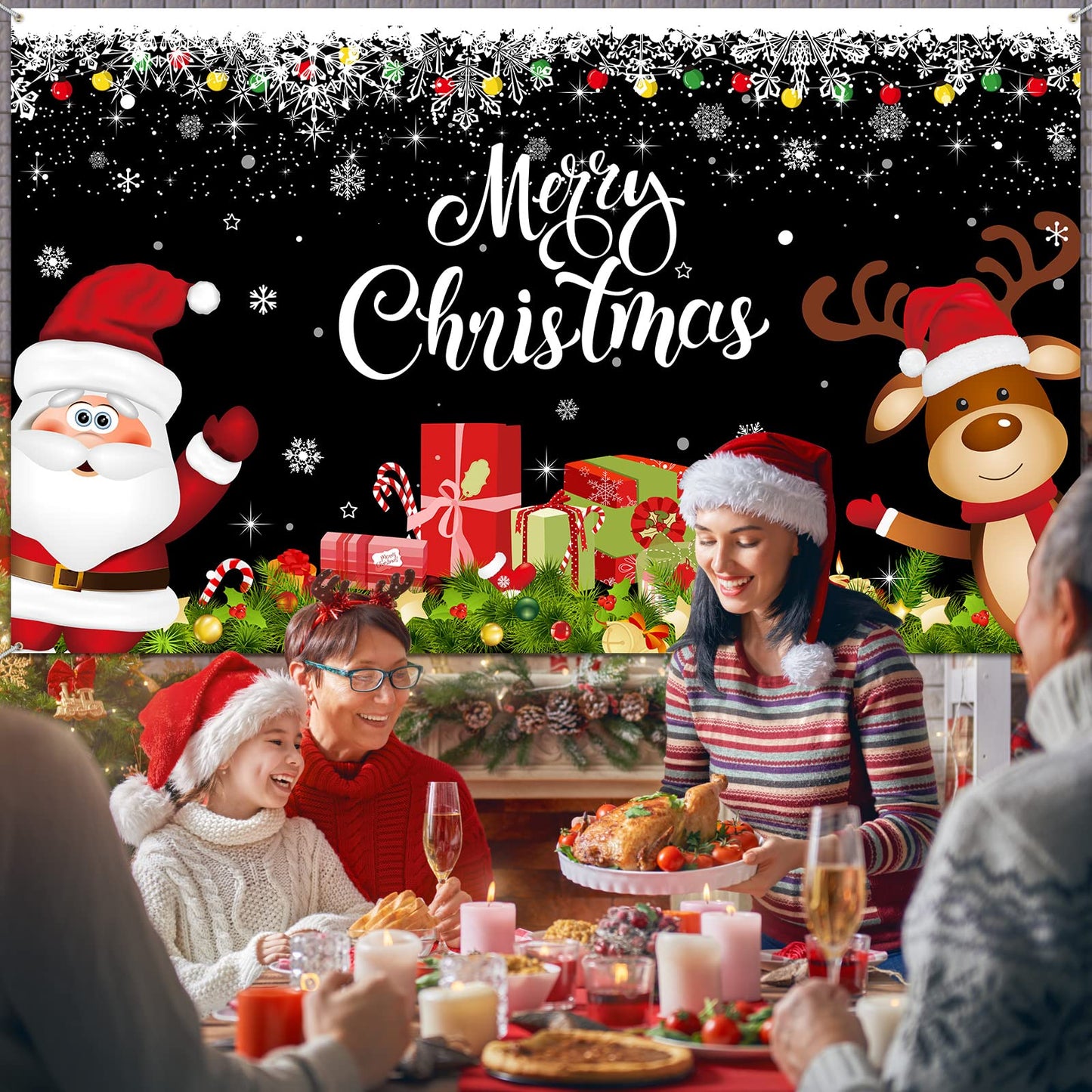 Irenare Christmas Banner Backdrop, Black Santa Claus Reindeer Merry Christmas Banner 72.8 X 43.3 Inch Indoor for Xmas Holiday Party Photo Booth Photography Wall Hanging Decor