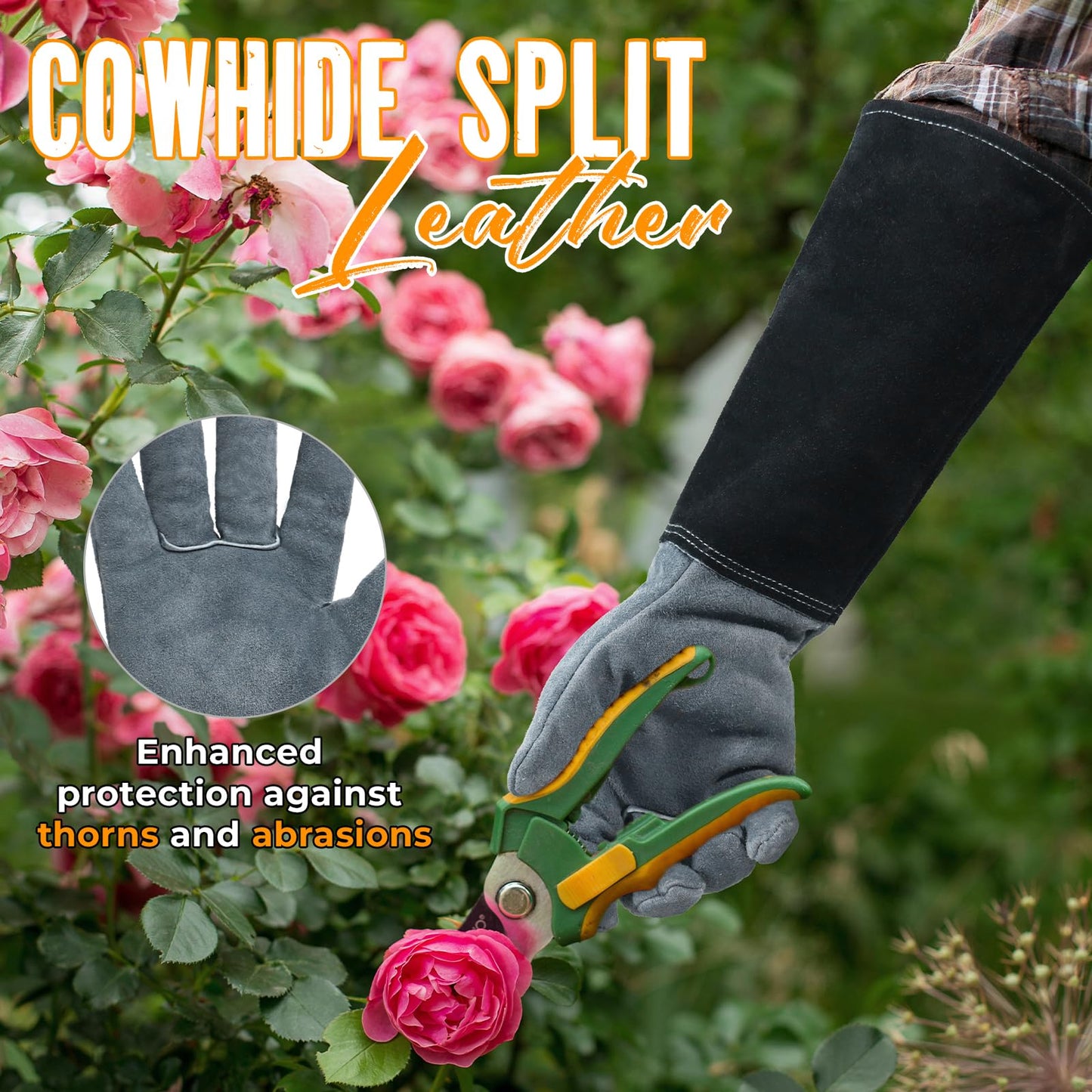 HANDLANDY Long Gardening Gloves for Men & Women, Cowhide Leather Rose Pruning Gloves, Breathable Thorn Proof Gauntlet Glove (Slate Gray, L)