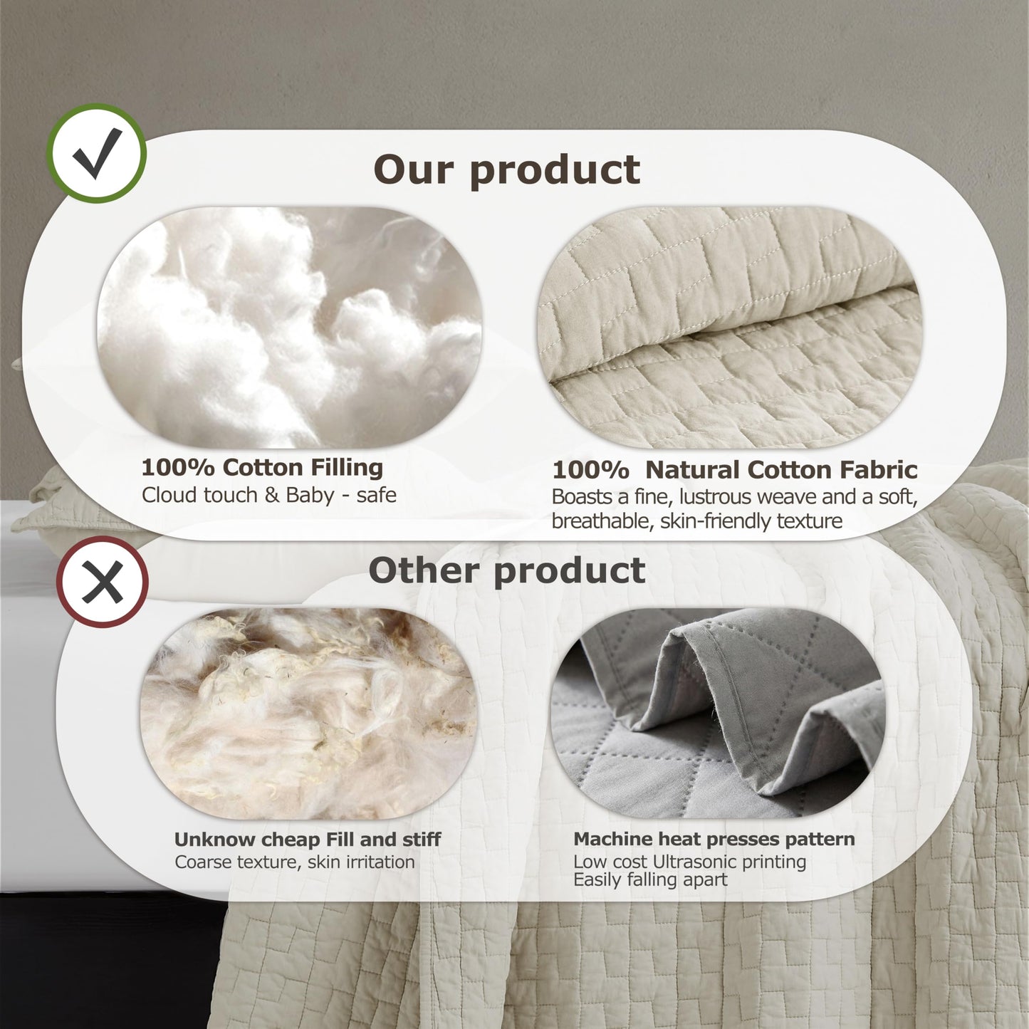 palassio Beige 100% Cotton Quilt Queen Size Bedding Sets with 2 Pillow Shams, Textured Lightweight Soft Bedspread Shabby Chic Coverlet, Neutral Quilted Comforter Bed Cover for All Season, 3 Pieces