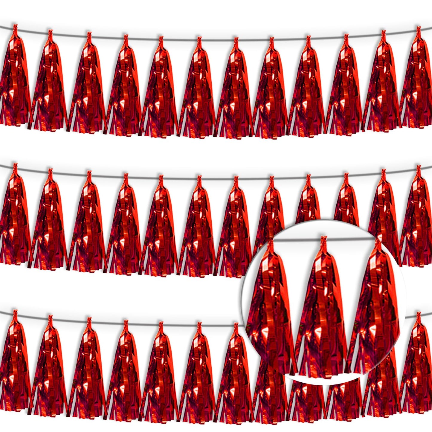 3P Red Tassel Banner Garland Metallic Foil Fringe Banner Tinsel Tassels Streamer Banner Backdrop for Parade Floats, 2025 Graduation Decorations, Wedding Party Decoration