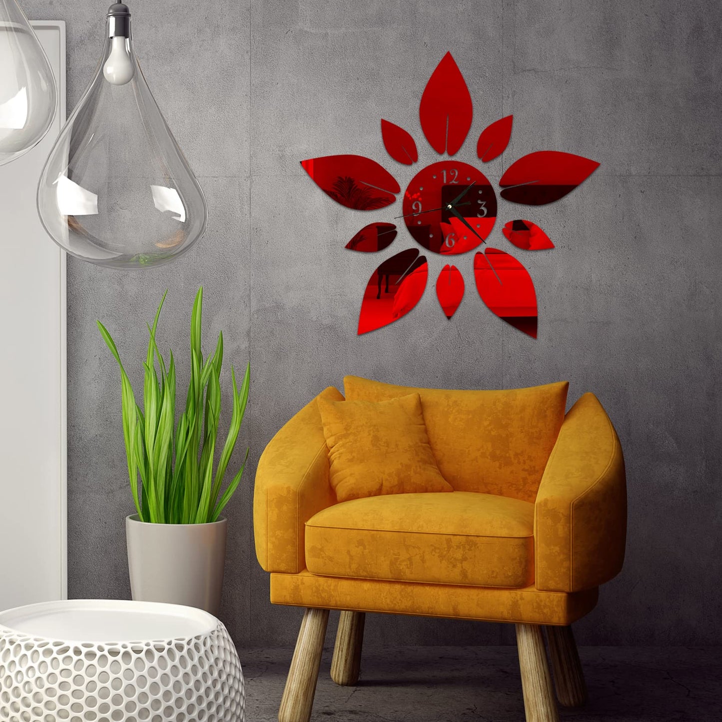 haodeni Modern Flowers Digital 3D Large Wall Clock Mirror Stickers Self-Adhesive Acrylic Crystal Mirror Decals DIY Silent Petal Combo Art Wall Clocks Decoration for Home Apartment Office (Red)