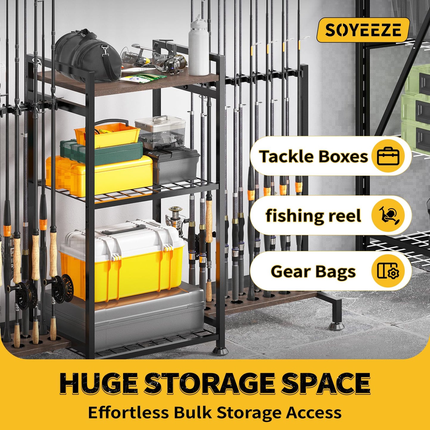 SOYEEZE Fishing Rod Holder for 28 Rods, Ground Stand Fishing Pole Holders for Garage, 3-Sided Vertical Fish Rod Rack for Tackle Box, Fishing Supplies,a Display Fish Gear Storage Gift
